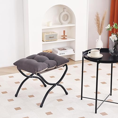 Miniatura 7 de LITA Taburete reposapiés tapizado plegable, moderno y pequeño otomano portátil con cojín de algodón grueso desmontable acolchado con marco de metal