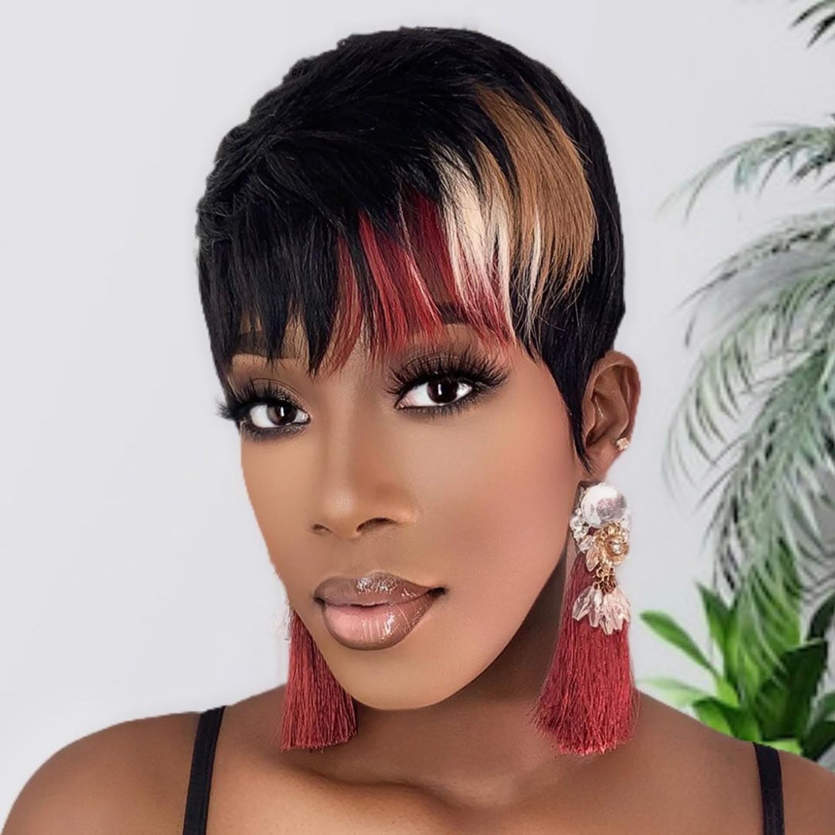 SAEIALL Pixie Cut Wig for Black Women Human Hair Multi-color Pixie Wig with Bangs Brazilian Virgin Human Hair Short Wigs for Black Women Layered Wigs For Women Full Machine Made(1B/30/613)