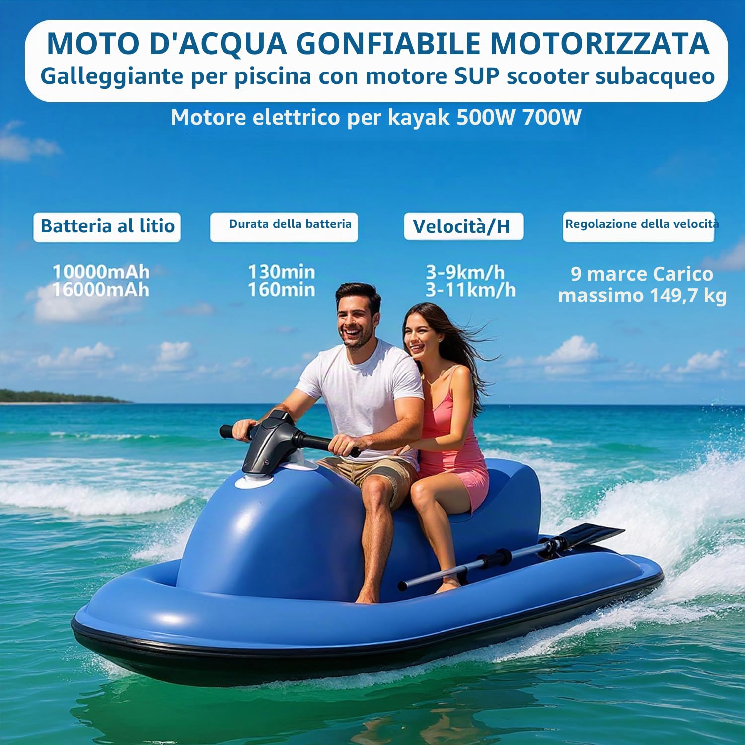 Motoscafo Elettrico Gonfiabile ad Acqua per 1-3 Persone, Jet Ski Barca Gonfiabile con propulsore subacqueo Staccabile, 10000 mAh/16000 mAh (Opzionale), capacità di 330 libbre.,500W10A
