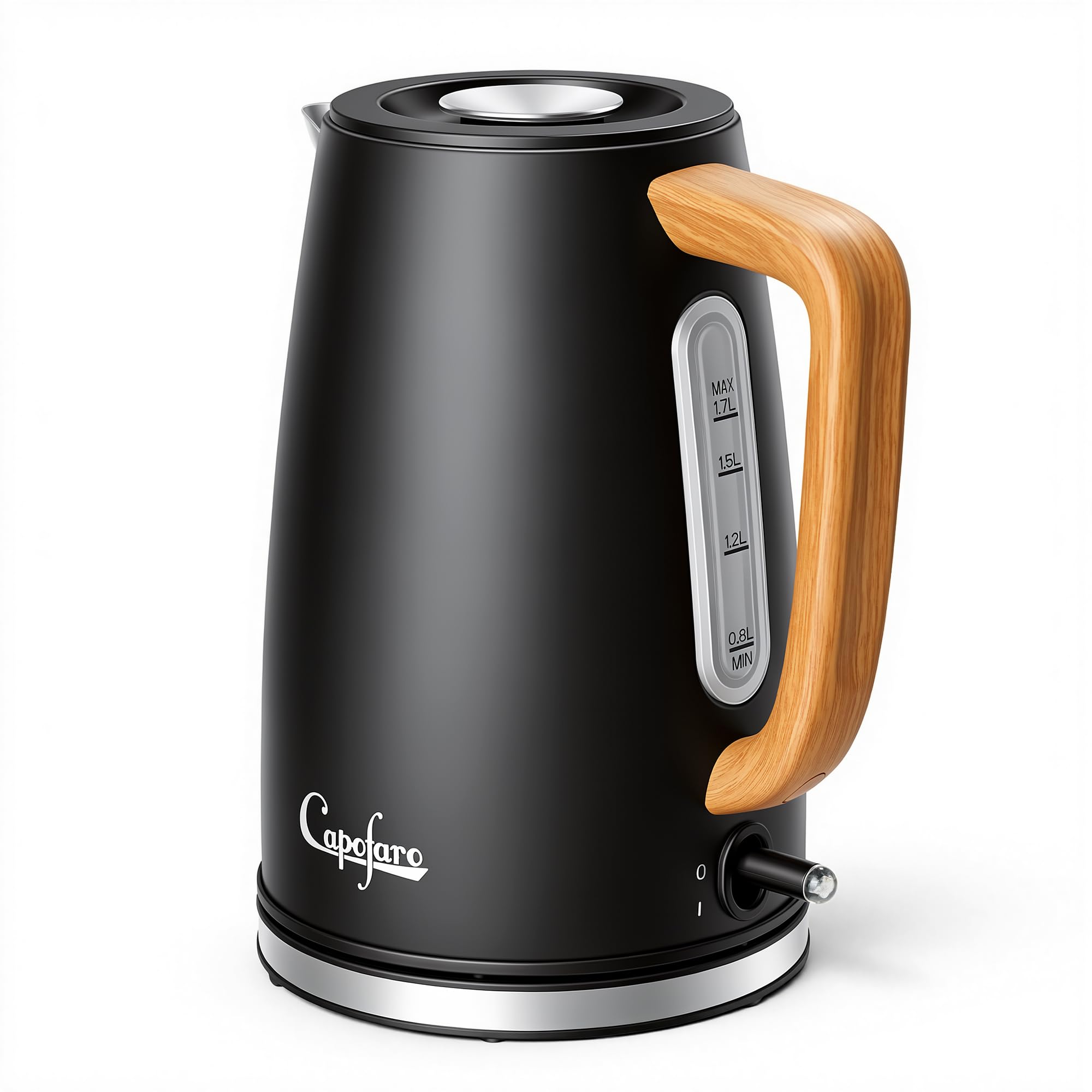 Capofaro Electric Kettle, 1.7L Hot Water Boiler, Stainless Steel Electric Tea Kettle - Auto Shut-Off & Boil Dry Protection, Easy to Clean, BPA-Free, Black