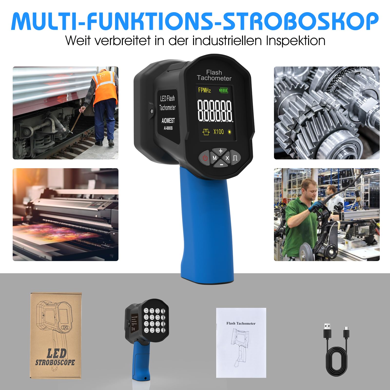 Strobotac LED Stroboscopio100.000 RPM/Hz, AIOMEST Stroboscope Digitale Tachimetro Alta Precisione 0,001% con Luce Stroboscopica Regolabile | Per Motori, Ventilatori Motore