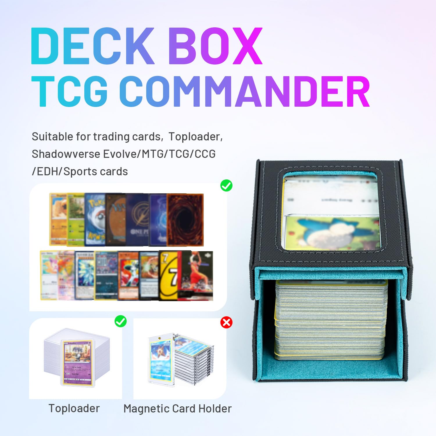 Tolesum Box Porta Mazzo mit Display per Carte MTG Capacità di 100+ Carte/30+ Carta Toploader,Magnetic Flip Deck Box per le Carte di Magic Commander TCG (Verticale-Blu Chiaro)