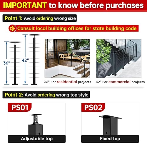 Miniatura 8 de Muzata Pasamanos de cable de acero inoxidable cuadrado postes con soporte extraíble para madera hormigón nivel cubierta escalera kit de ajuste de