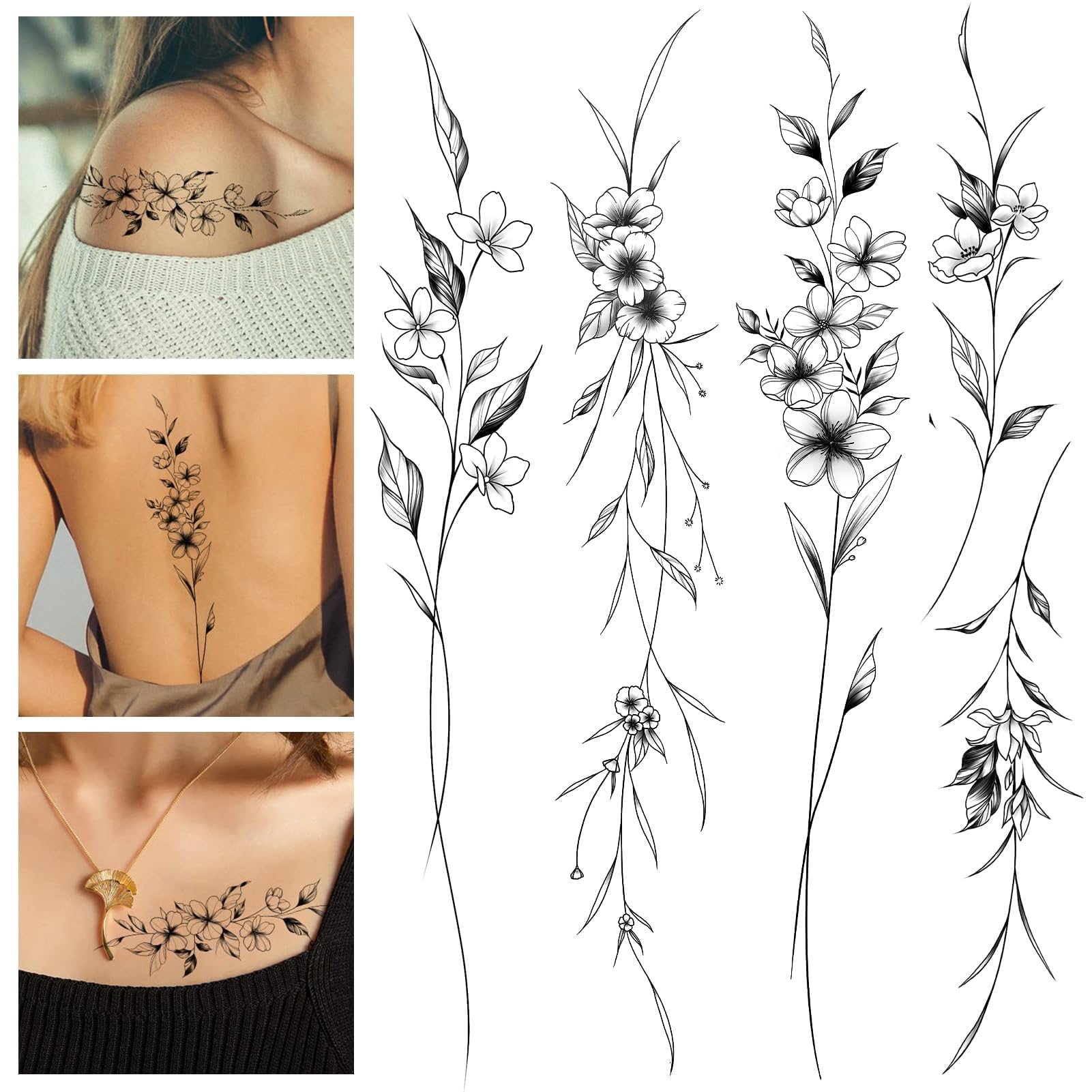 Leesgel Temporary Tattoos for Women, 12 Sheets Long Flowers Vine Leaves Plant Fake Tattoo for Women Adults, Black Semi Permanent Personality Waist Arm Foot Stick on Tattoos Stickers Transfer Paper