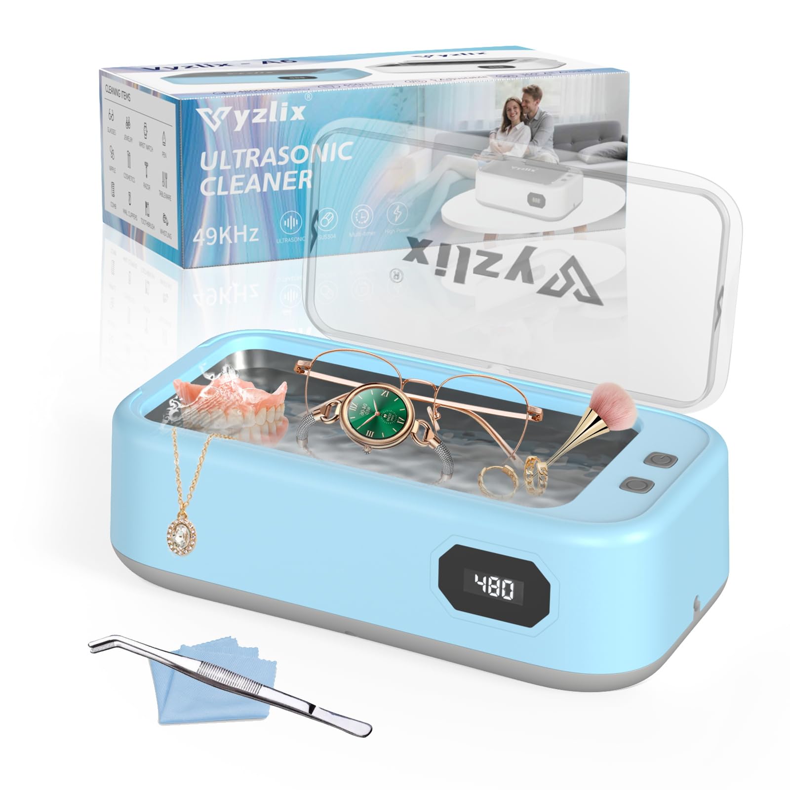 Nettoyeur Ultrasons, Bac a Ultrason 640 ml, 40W 49000HZ Nettoyeur Ultrason, Ultrasonic Cleaner pour Lunettes, Bagues, Pièces de Monnaie, Prothèses Dentaires, Avec Pince et Chiffon de Nettoyage