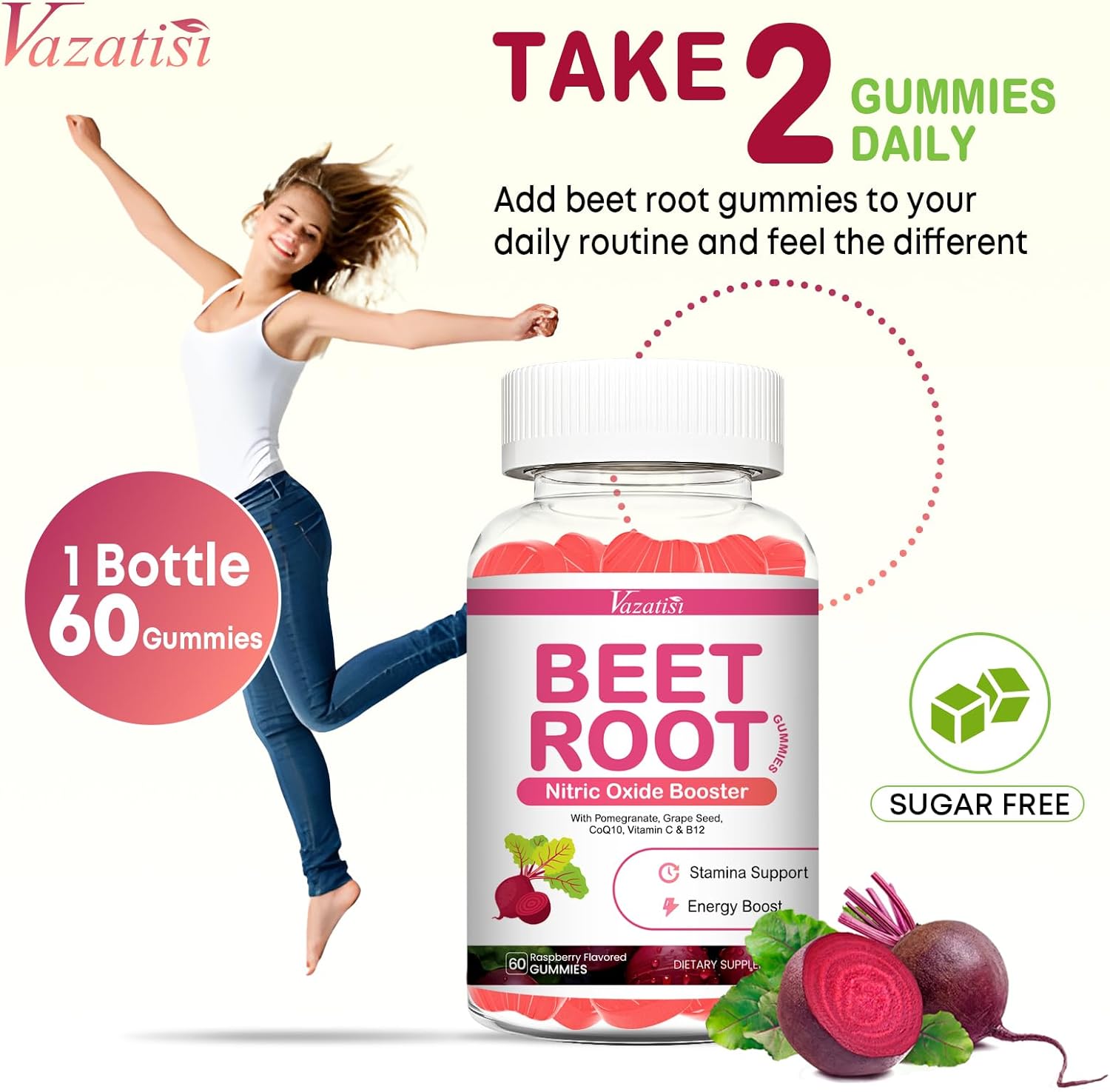 Beet Root Gummies – Nitric Oxide Beetroot Gummies with Coq 10, Grape Seed, Pomegranate for Circulation & Energy Support – Vegan, Non-GMO, 120 Beet Chews