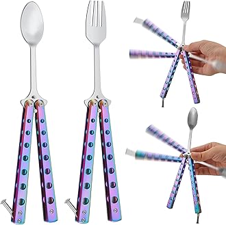 Flutesan 2 Pcs Butterfly Fork and Spoon Set, Tactical Butterfly Spoon Folding Stainless Steel Spork Utensil Set Balisong Trainer for Travel Camping Hunting BBQ Kitchen(Colorful)
