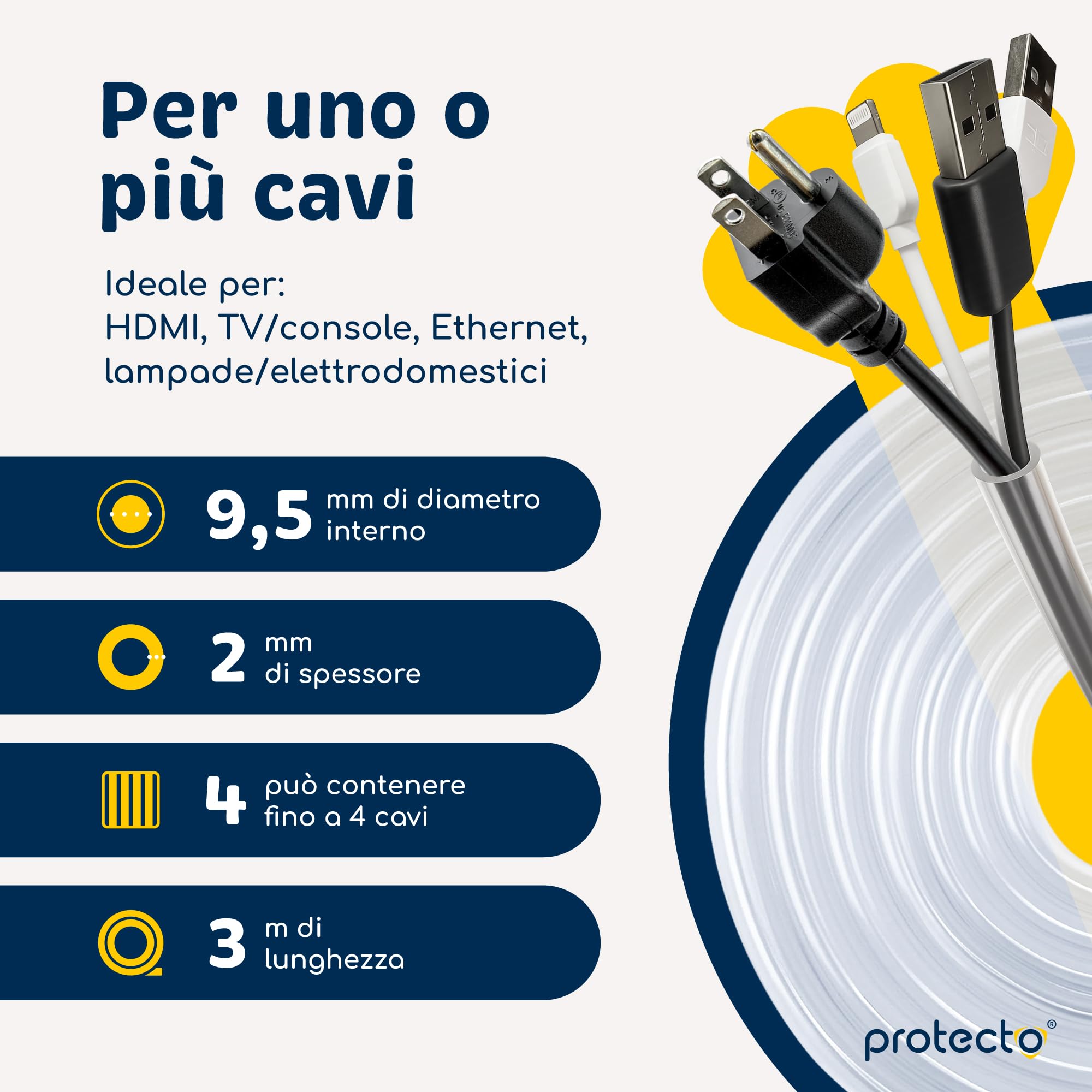 PROTECTO Guaine per Cavi per Animali Domestici – 3 m/Ø 9 mm – Trasparente, Ultra Resistente, Flessibile, Inodore, Anti-Morso – Per Cavi Elettrici, USB, RCA, HDMI – Protezione Universale