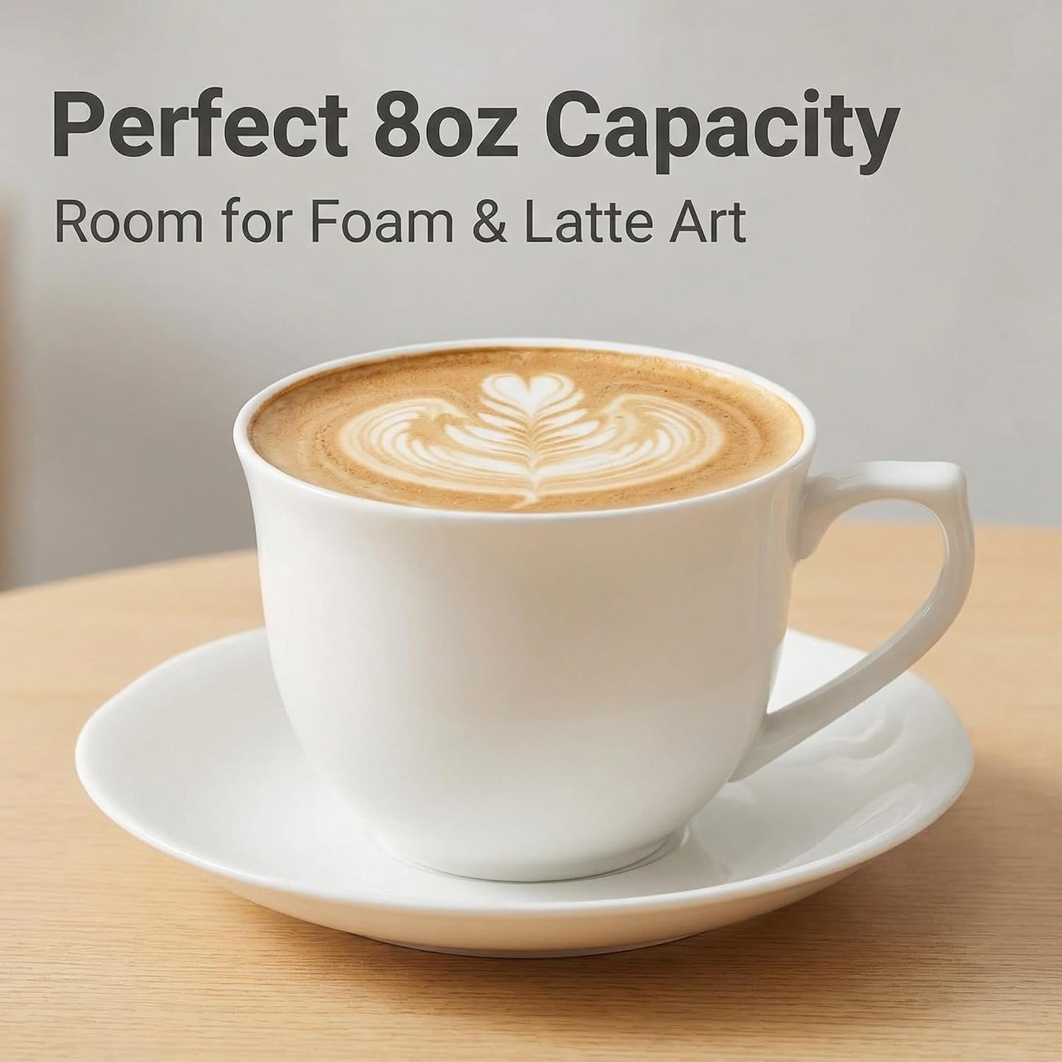 8 Ounce Porcelain Cappuccino Cups with Saucers - Set of 4, Perfect for Specialty Coffee Drinks, Latte, Cafe Mocha and Tea, Ivory White
