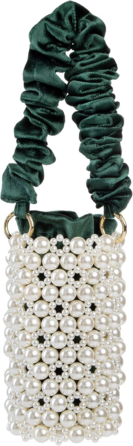 YUSHINY Women Faux Pearl Beaded Evening Pleuche Bucket Handle Bags with Velvet Lining for Wedding Party