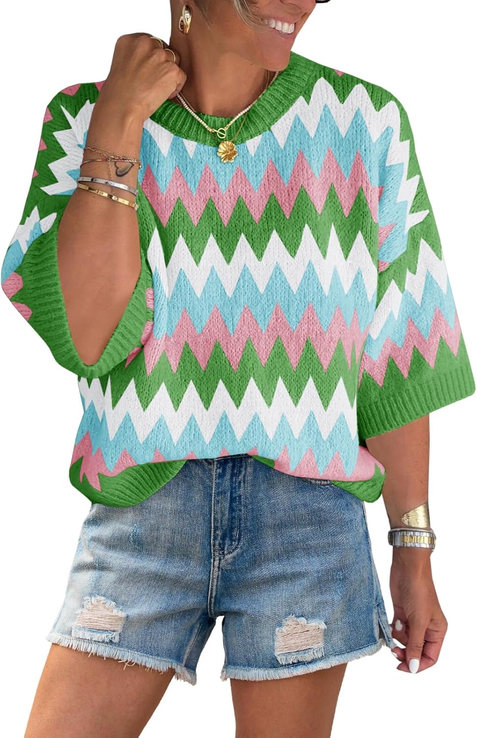 Saodimallsu Womens Color Block Striped Sweater Tops Summer Half Sleeve Crew Neck Loose Knit Pullover Sweaters