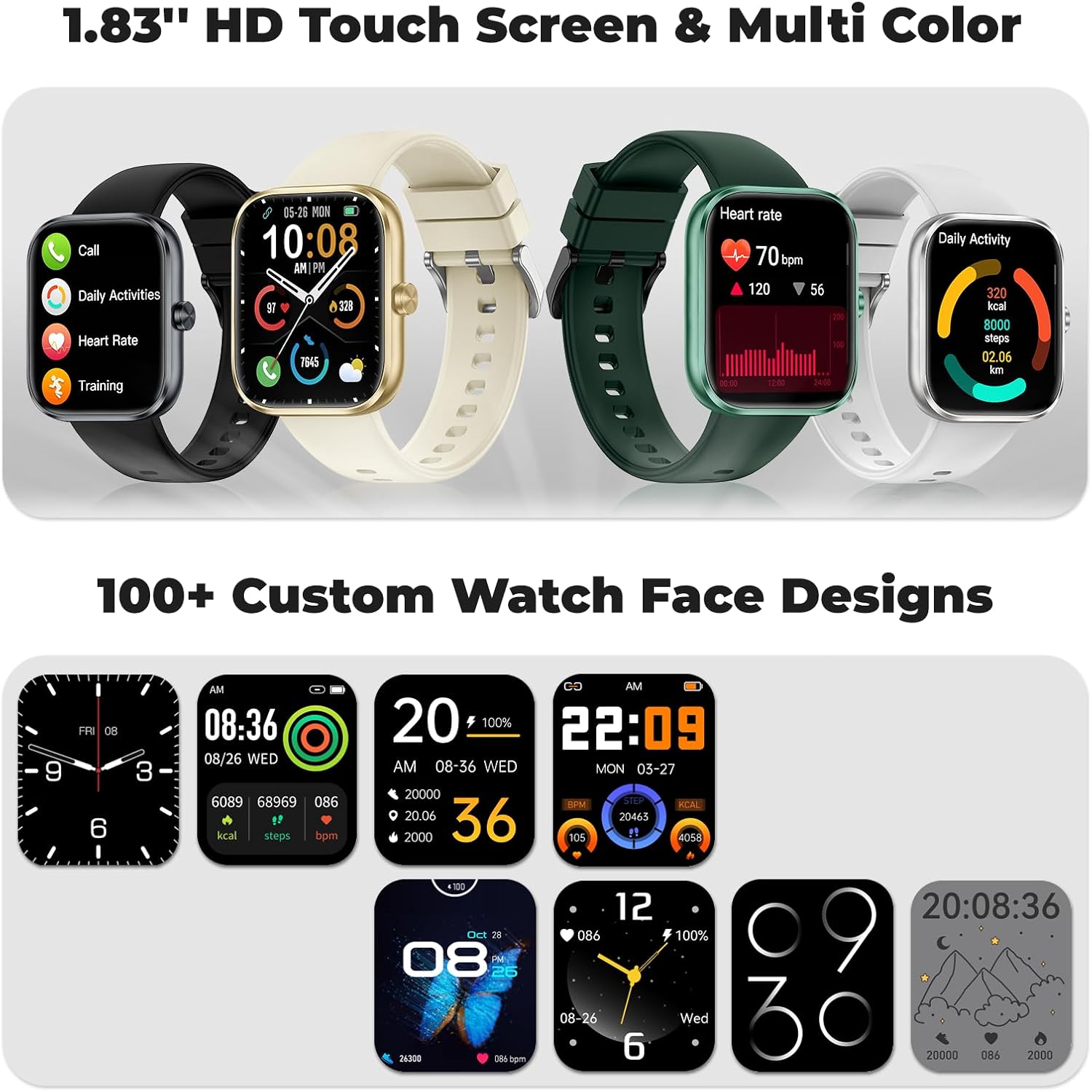 Smart Watch for Men Women, 1.83" HD Touchscreen Fitness Watch with Bluetooth Call & Message Notifications, 110+ Sport Modes, 24/7 Heart Rate/Sleep Monitor, IP68 Waterproof Fitness Tracker, Dark Green - Image 8