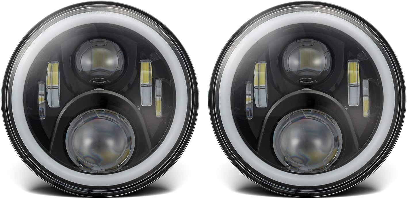 7 Inches H6024 LED Headlights with White Halo Ring Angel Eyes White DRL + Amber Turning Signal Lights Compatible with Jeep Wrangler JK TJ CJ/Hummer H2 H1 Land Rover Defender and More, Pack of 2