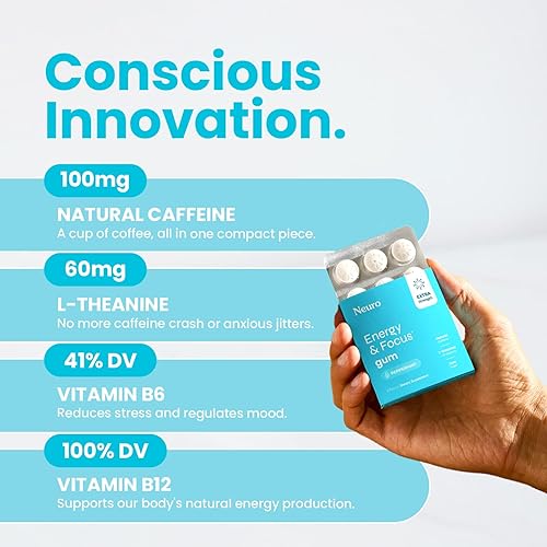 Miniatura 5 de Neuro Energy & Focus Gum Extra Strength - Goma de mascar de cafeína natural de 100 mg y suplemento energético nootrópico con L-teanina y vitaminas