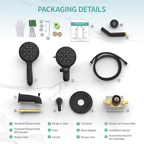 Miniatura 9 de SR SUN RISE Sistema de ducha con boquilla de bañera, juego combinado de grifo de ducha y bañera 2 en 1 doble de 35 funciones, kit de molduras de