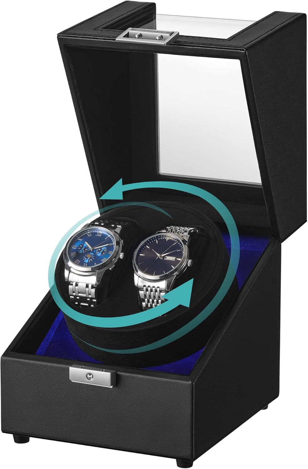 SONGMICS Automatic Double Watch Winder Box with Quiet Motor, for Automatic Watches, with LED Light, Adjustable Pillow, Lock, 4 Winding Settings, Includes a USB-C Charging Cable, Black UJWB031B01