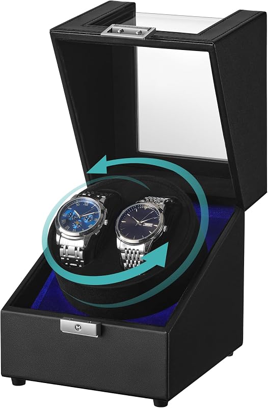 SONGMICS Caja enrolladora automática para relojes doble, motor silencioso, luz LED, cerradura | Para relojes automáticos, almohada ajustable, 4 configuraciones de cuerda, cable de carga USB-C, negro, colección BRIDIE UJWB031BZ01S