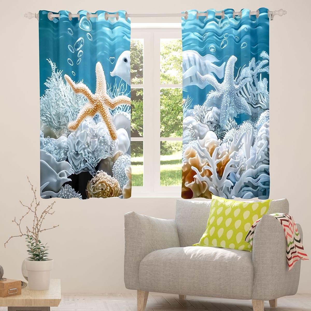 Lot de 2 rideaux de fenêtre pour adultes et enfants - Taille XL - Blanc corail - Bon rideau occultant - Marine Life - Océan bleu - 245 x 140 cm