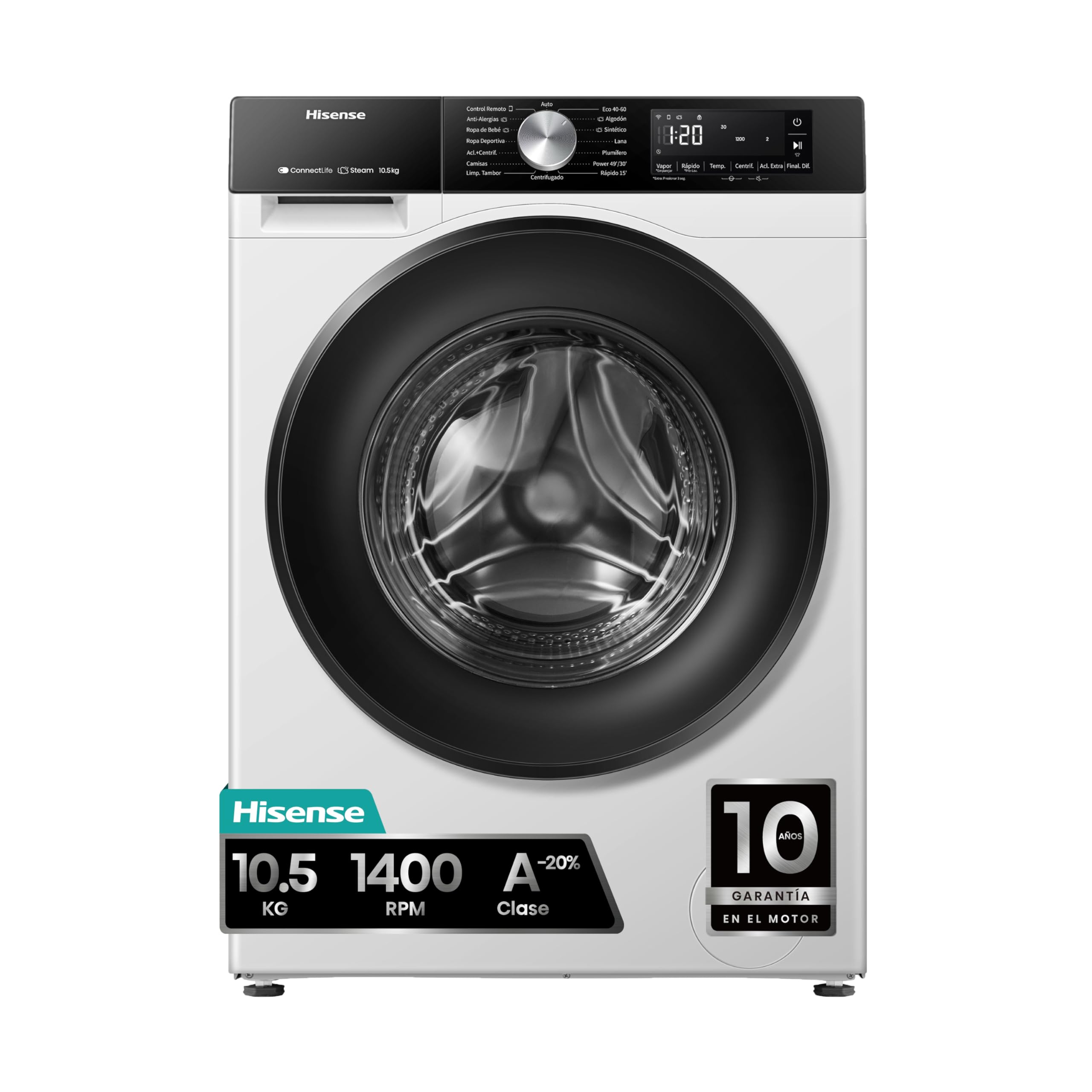 Hisense WF3S1043BW3 - Steam Washer, Class A, 10.5 kg, WiFi Connectivity, Steam Function 99.9%, Auto Wash Wash, Quick Wash 15', PureJet, White Energy Label
