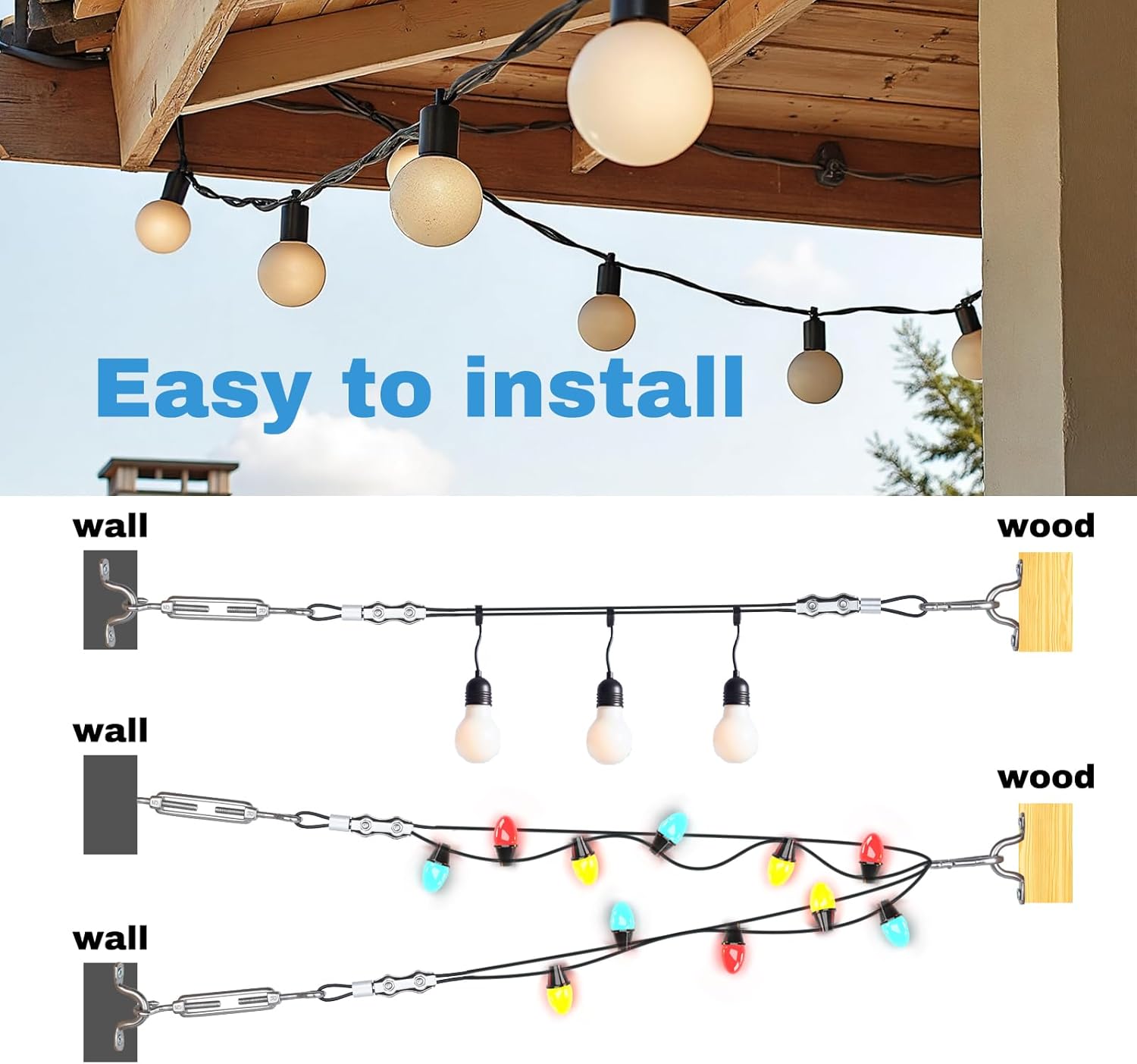 WellMade 170FT String Light Hanging Kit, Heavy Duty 304 Stainless Steel Outdoor Suspension Kit with Vinyl Coated Cable Wire Rope for Patio, Garden, Globe & Cafe Lights