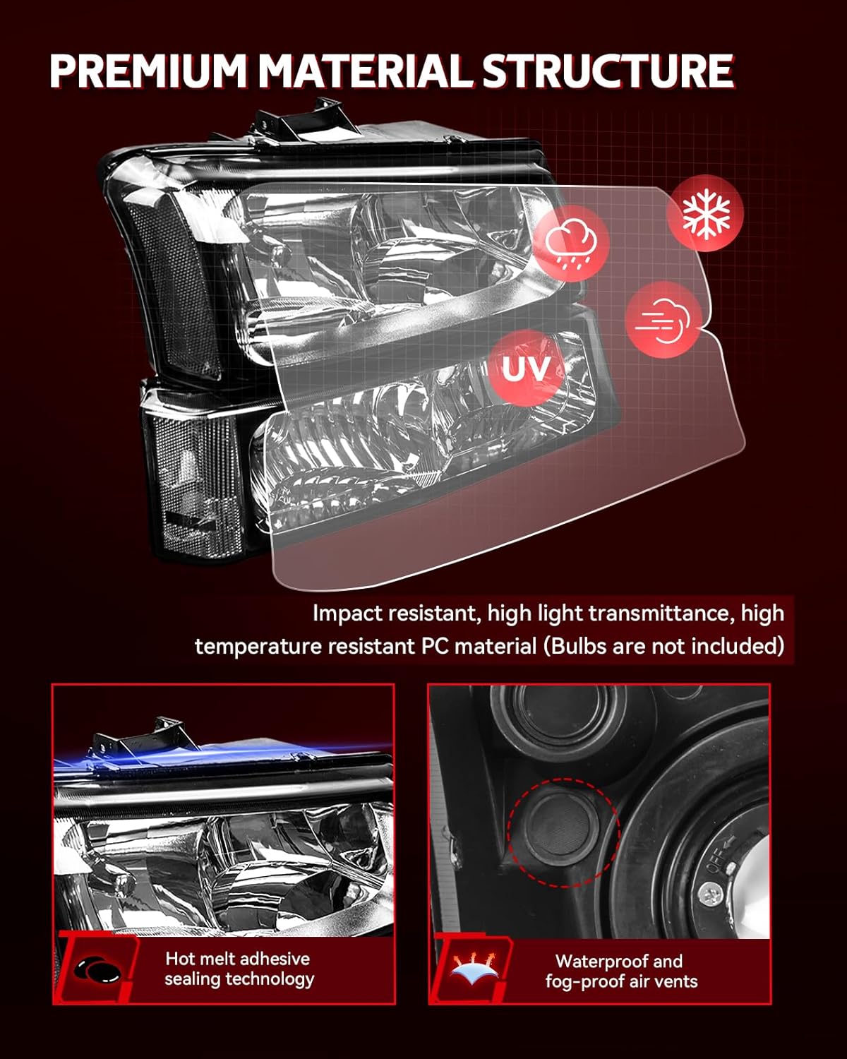Torchbeam Headlight Assembly Compatible with 2003-2006 Chevy Silverado 1500 2500 HD 3500 Avalanche 1500 2500 2007 Silverado Classic Driver and Passenger Side Clear Reflector Smoke Lens