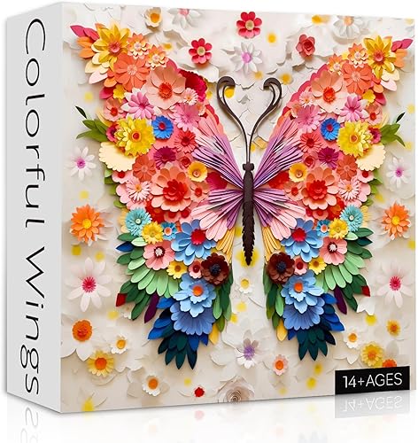 Rompecabezas de mariposa para adultos de 1000 piezas, desafiantes rompecabezas de mariposas de flores coloridas con arte en papel, rompecabezas
