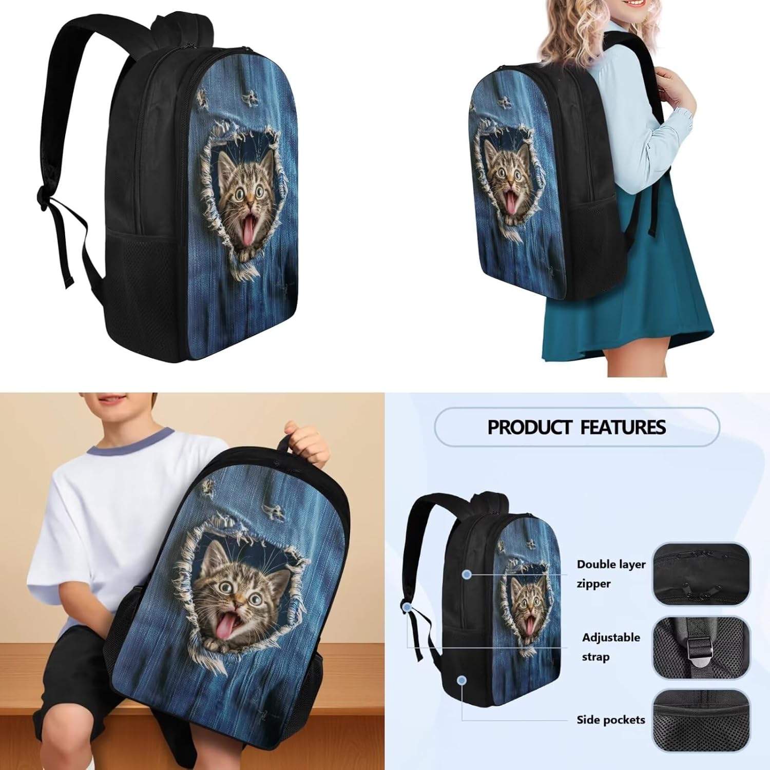 Funny Cat 4 pcs Teens School Bag Set with Water Bottle Sleeve Insulated Lunch Bag Kit Pen Bags, School Supplies Include Backpack Book Bag for Kids Teens Boys Girls