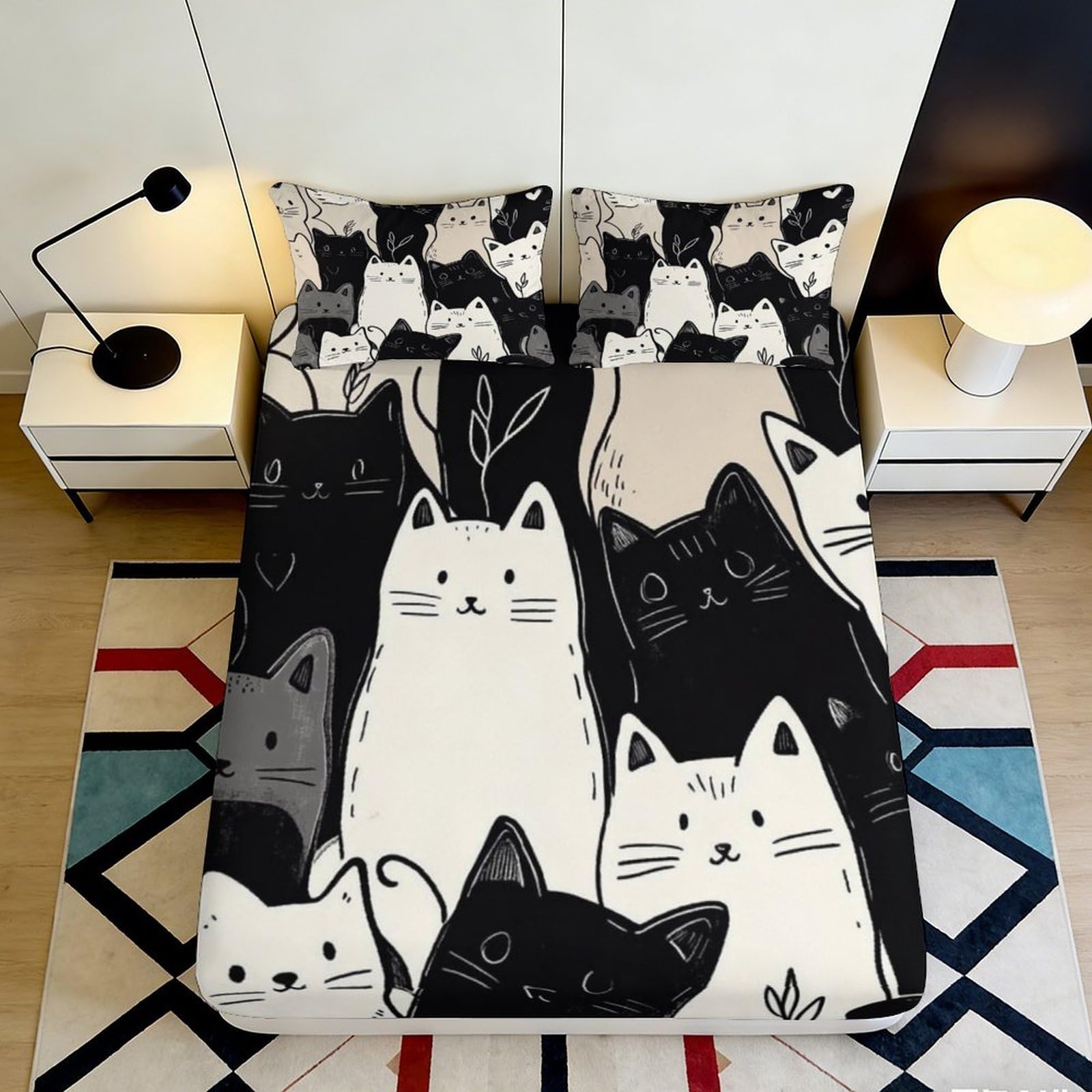 3D Printed Cartoon Cat Fitted Sheet Microfiber Non-Slip Black White Animal Bed Cover for Bedroom Guestroom Decor 90x200x25cm
