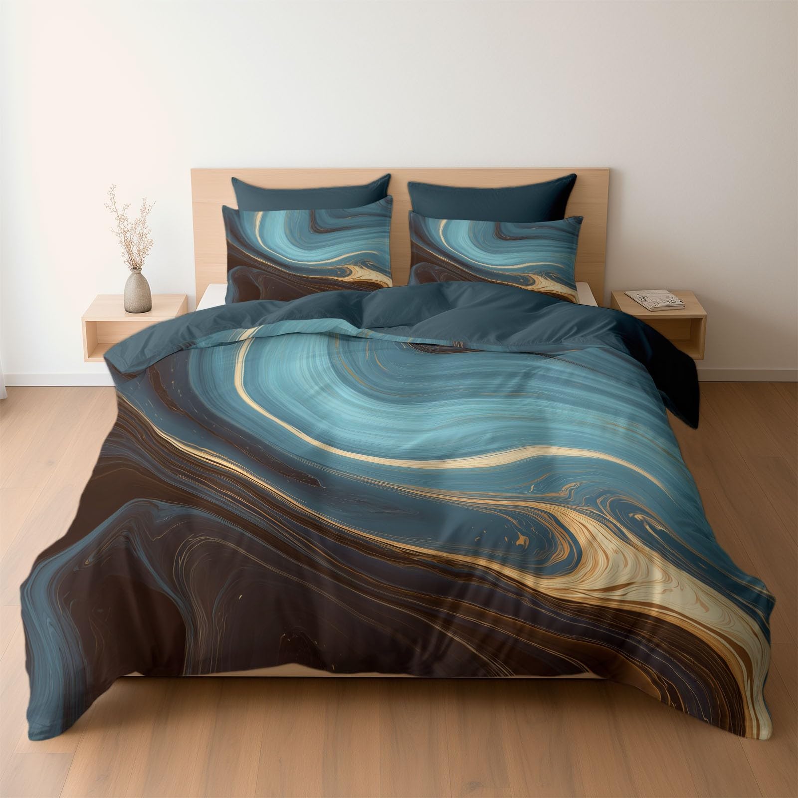 Housse de Couette 200x200 cm Bleu Motif Marbre avec 2 Taies d'Oreiller Parure de Lit 3 Pièces