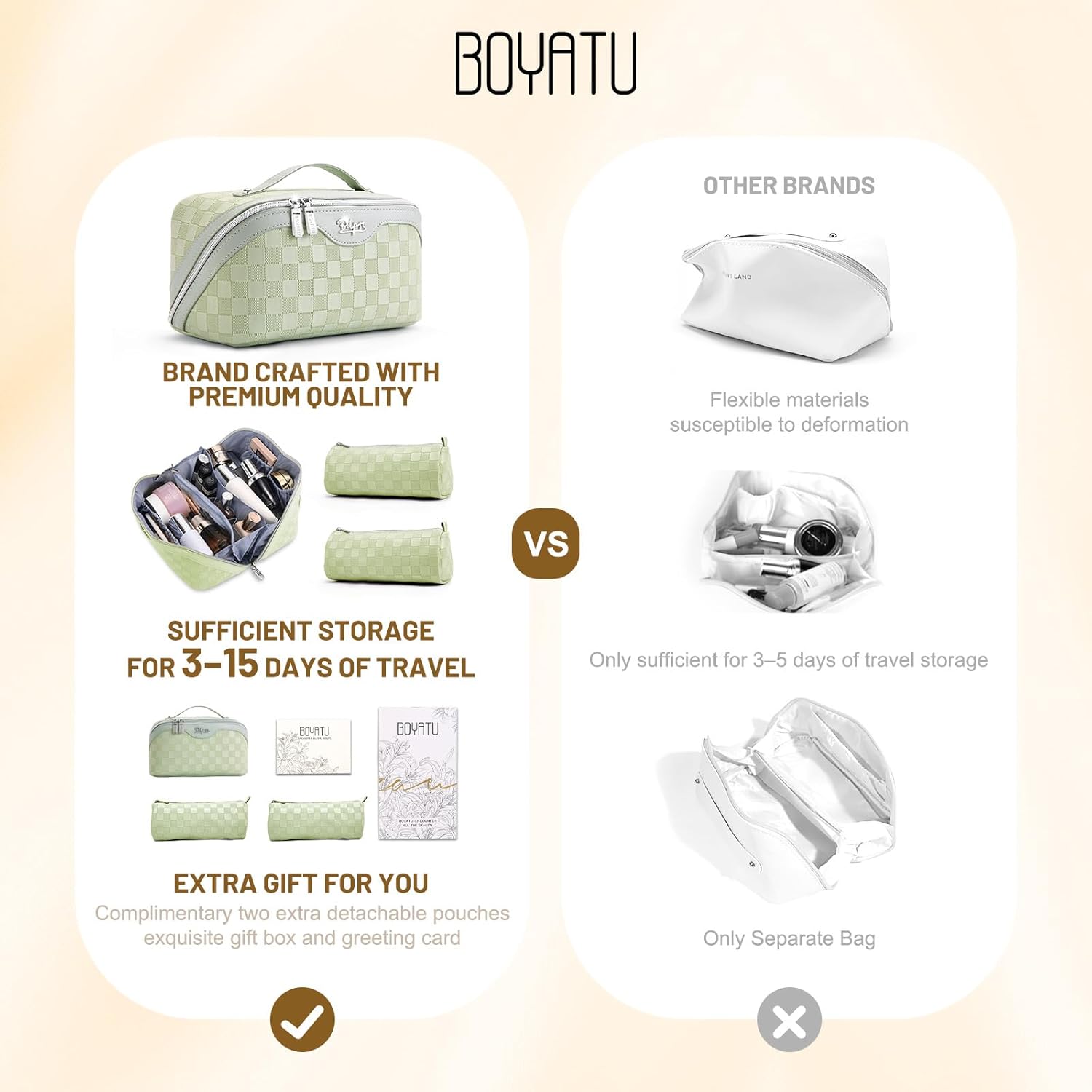 BOYATU Travel Makeup Bag Organizer: 3 Pcs Set Large Capacity Cosmetic Bags Holds 10–20 100ml Full-Size Bottles - 180°Open-Flat Make up Case 3-sec touch-up - Toiletry Bag Gift women (01-D-Green)