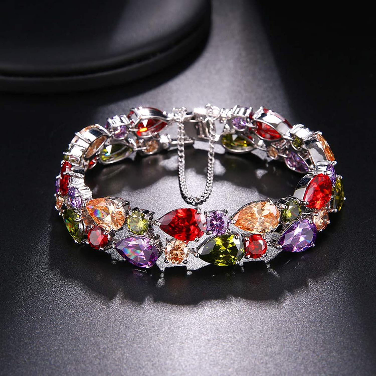 Multicolor Bracelets for Women,Cubic Zirconia Artificial Garnet Amethyst Peridot Links Bracelet Christmas Gift