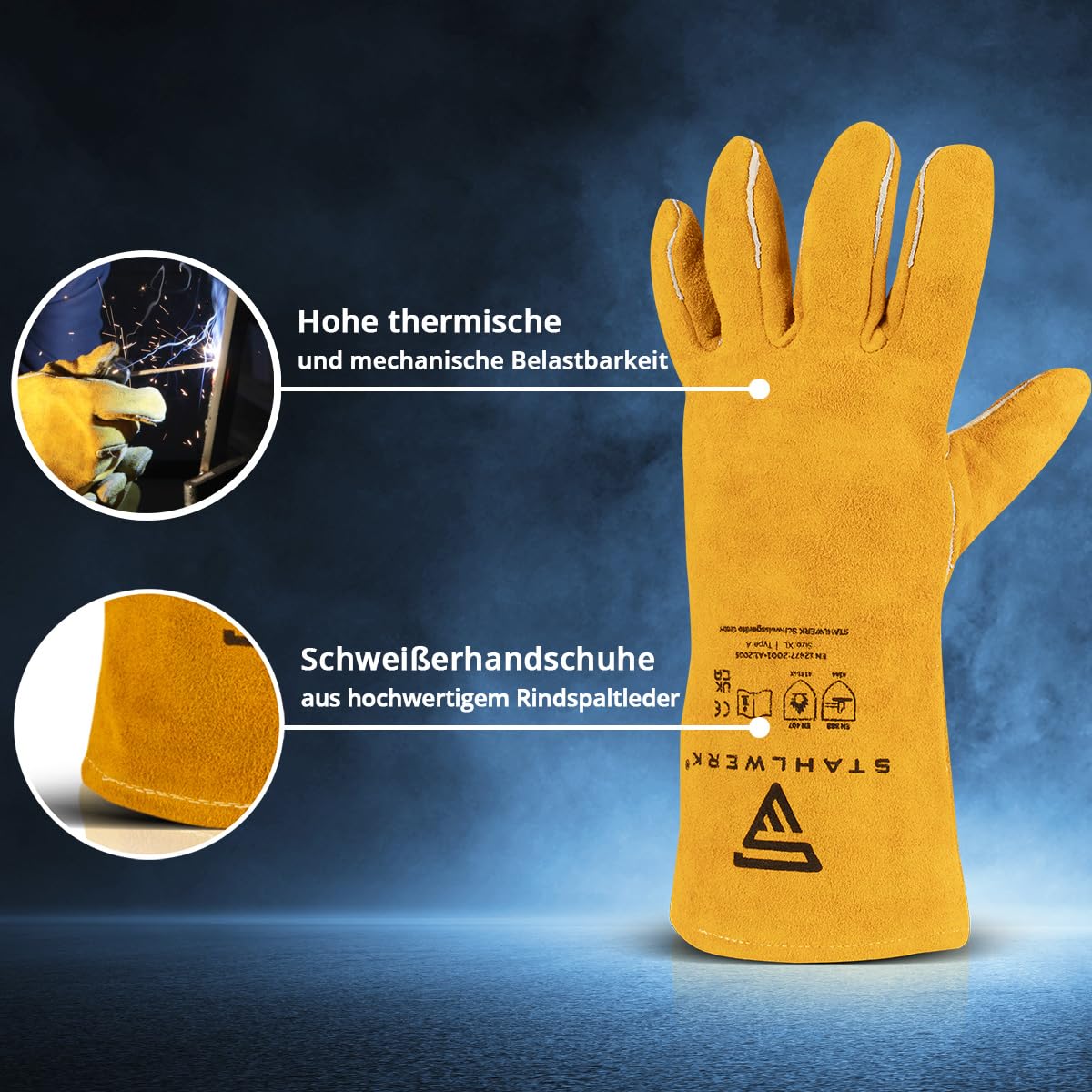 STAHLWERK Schweißerhandschuhe Echtleder 2 Paar – Hitze- & feuerbeständige Schweißhandschuhe für Schweißen & Plasma mit Unterarmschutz, hohe thermische & mechanische Belastbarkeit, Einheitsgröße (35cm)