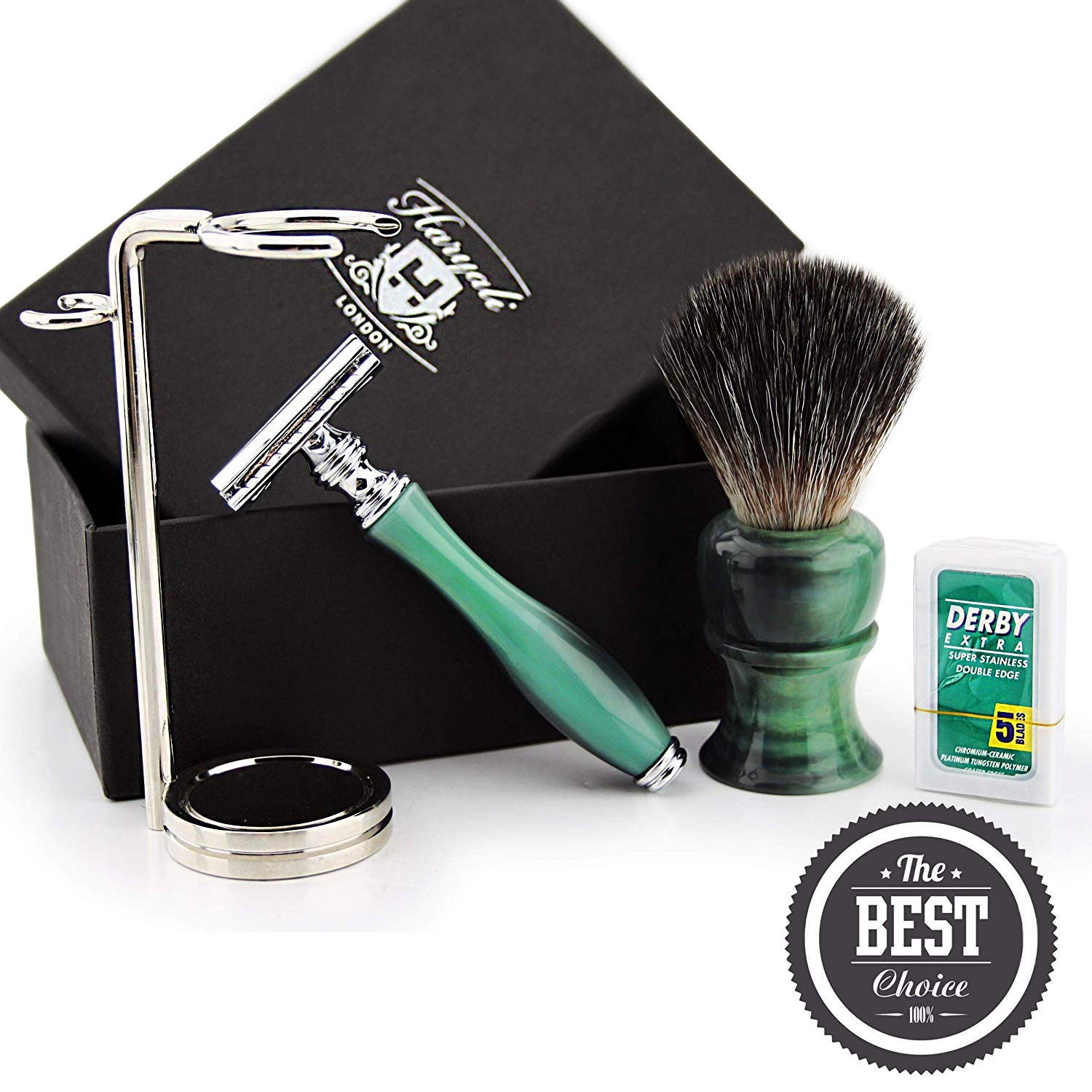 Sonderedition Traditionelle Nass Rasier Set Synthetik Schwarz Dachs Pinsel Doppel Rasierhobel + Edelstahl Dual Stand - Special Collection!