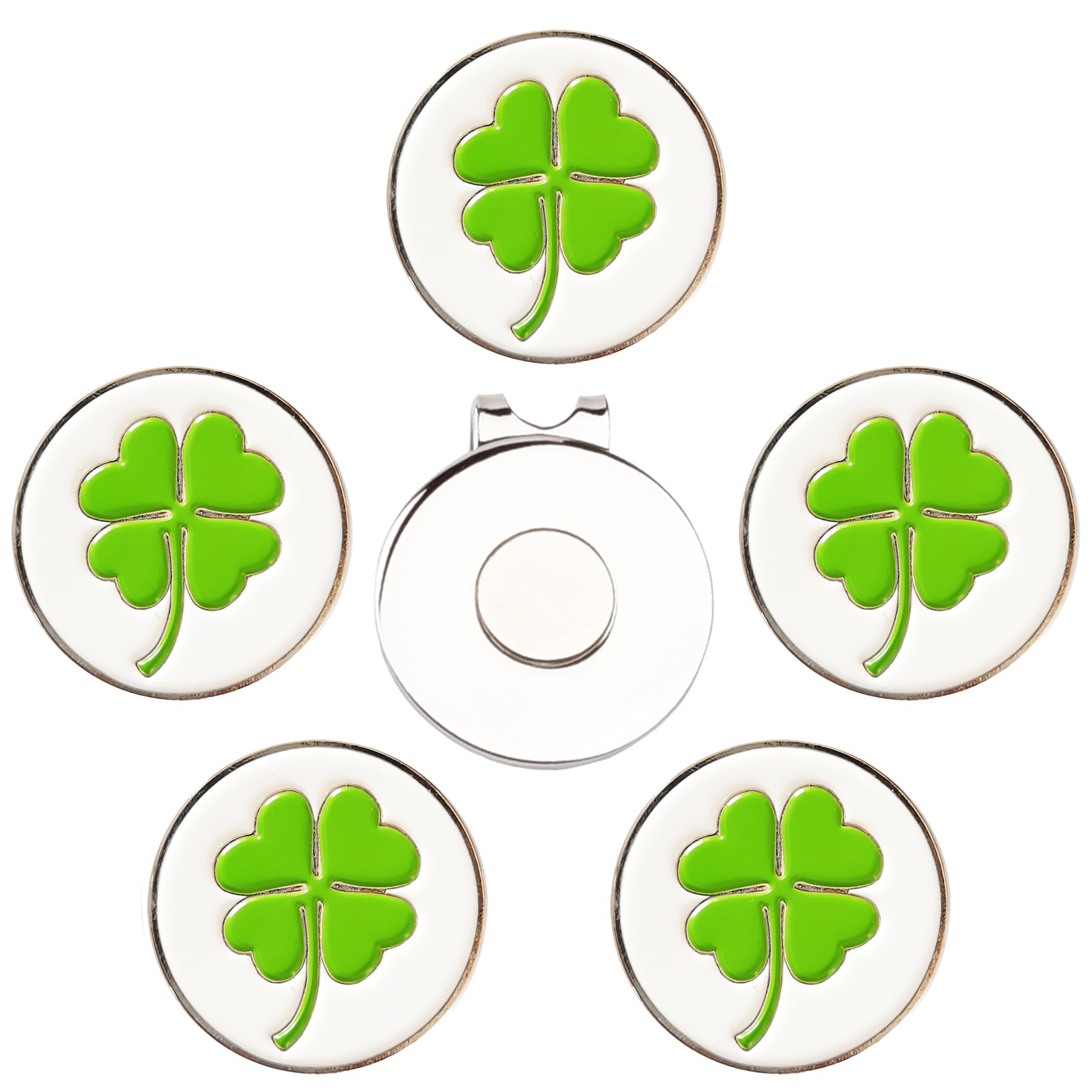 Eshan Golf Ball Markers Magnetic Hat Clips Set Golf Bag Accessories Gift for Men Women Golfer Fan (5 Ball Markers & 1 Hat Clip) (Round-Clover)