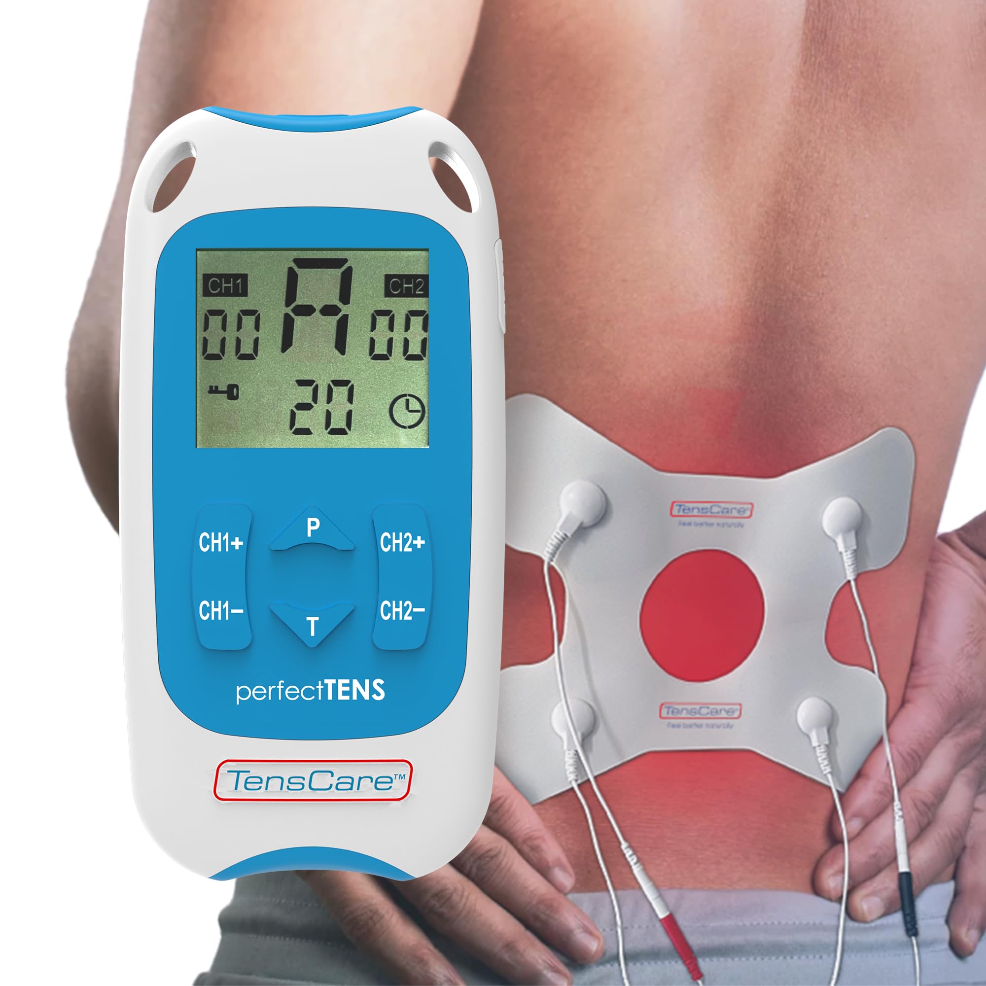 TensCare Perfect TENS + Parches para el Dolor de Espalda – Kit Completo de Terapia del Dolor con Dispositivo TENS de 2 Canales y Electrodos Específicos de Alta Adhesión