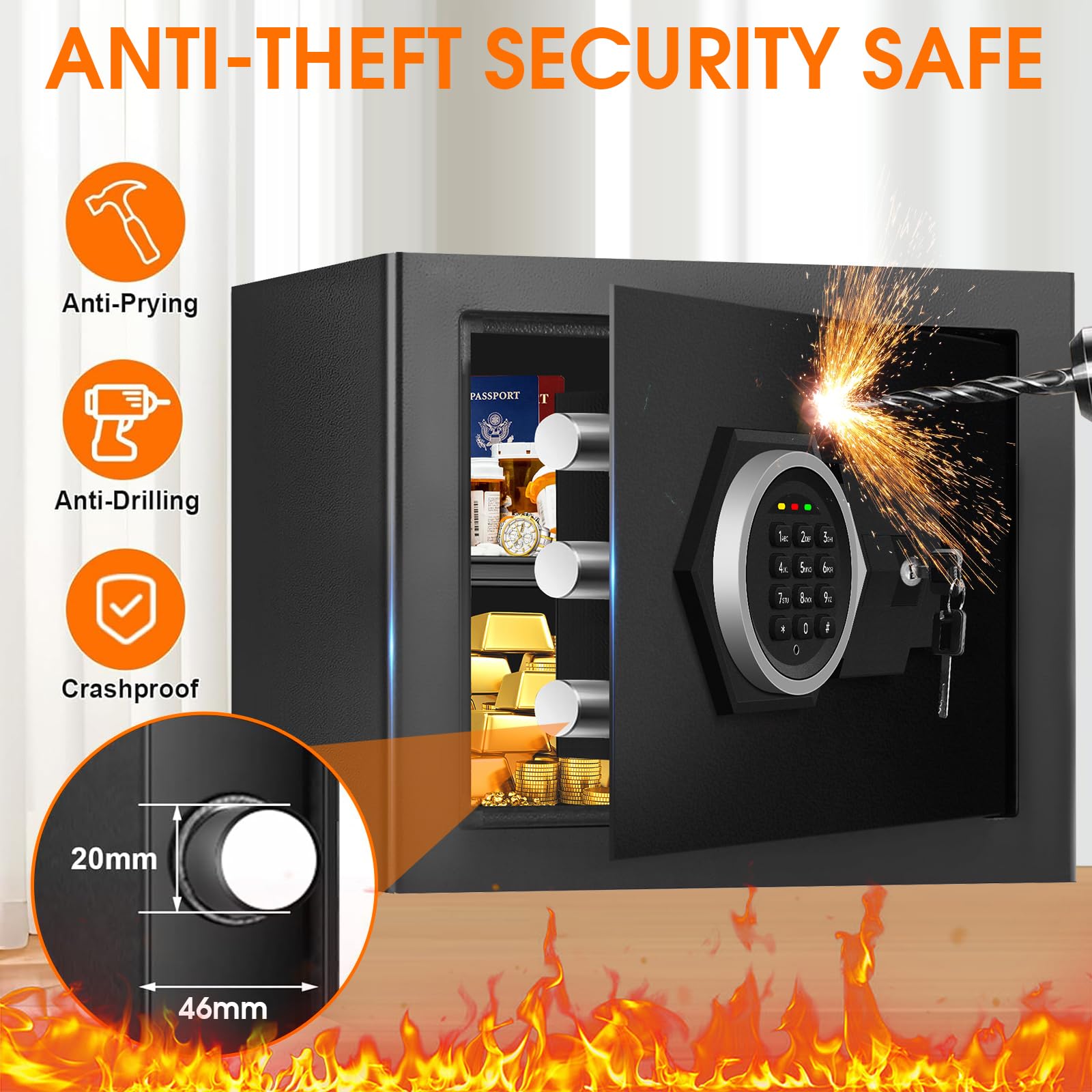 1.3 Cub Kleiner Sicherheitssafe für Zuhause Feuerfest, Anti-Diebstahl Feuersafe Box mit digitaler Tastatur, Ersatzschlüsseln & abnehmbarem Regal, Sicherheitsbox für persönliche Dokumente, feuerfest