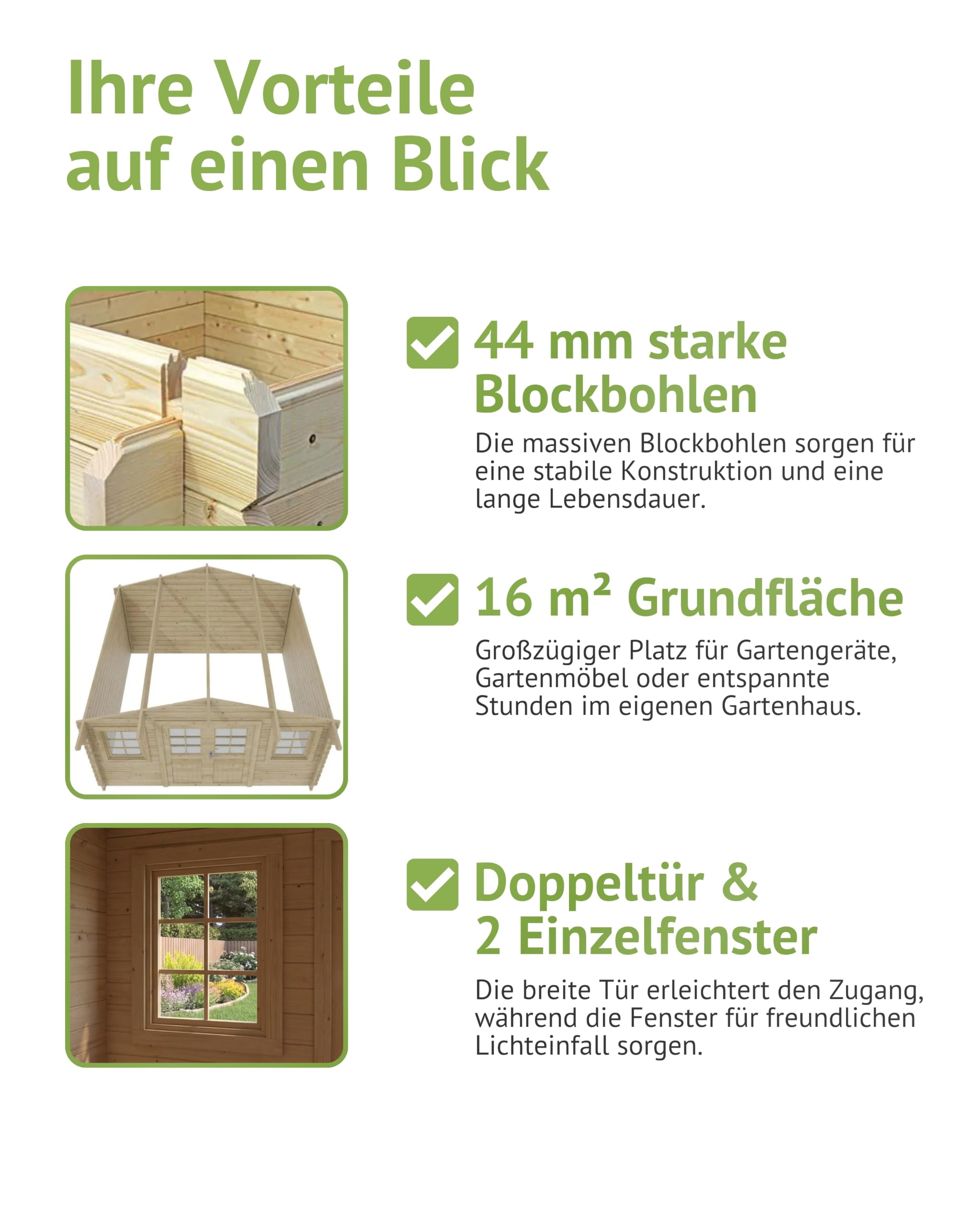 Steiner Shopping Gartenhaus Wiesencharme 01 I 44 mm Blockbohlenhaus aus naturbelassenem Holz I Außenmaß 400 x 440 cm I Großzügiges Gartenhaus mit Satteldach, Doppeltür & 2 Fenstern