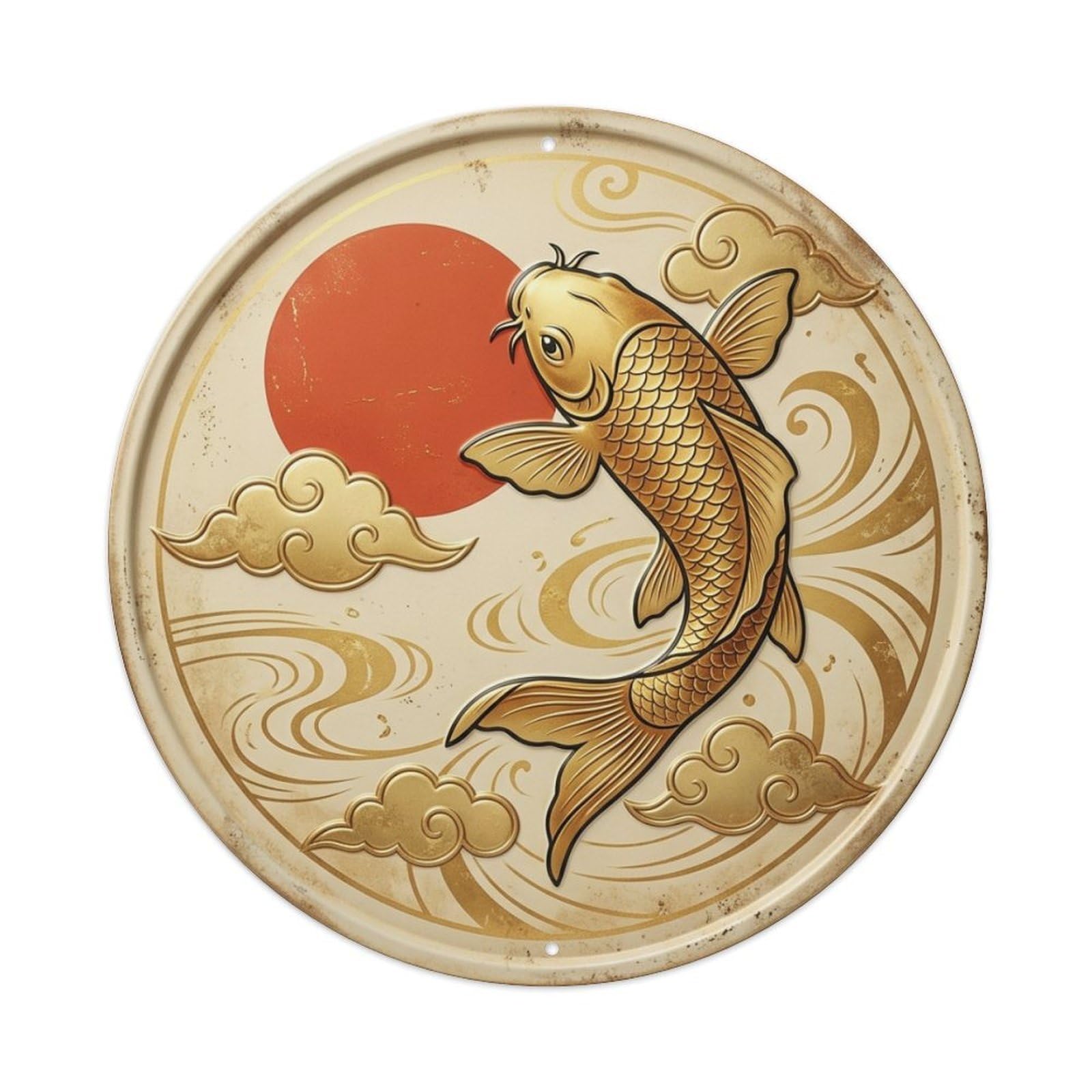 Golden Cloud Auspicious Koi Fish Vintage Metal Tin Sign Plaque Wall Decor for Cafe, Club Bar, Office, Garden Metal Poster 8x8Inch