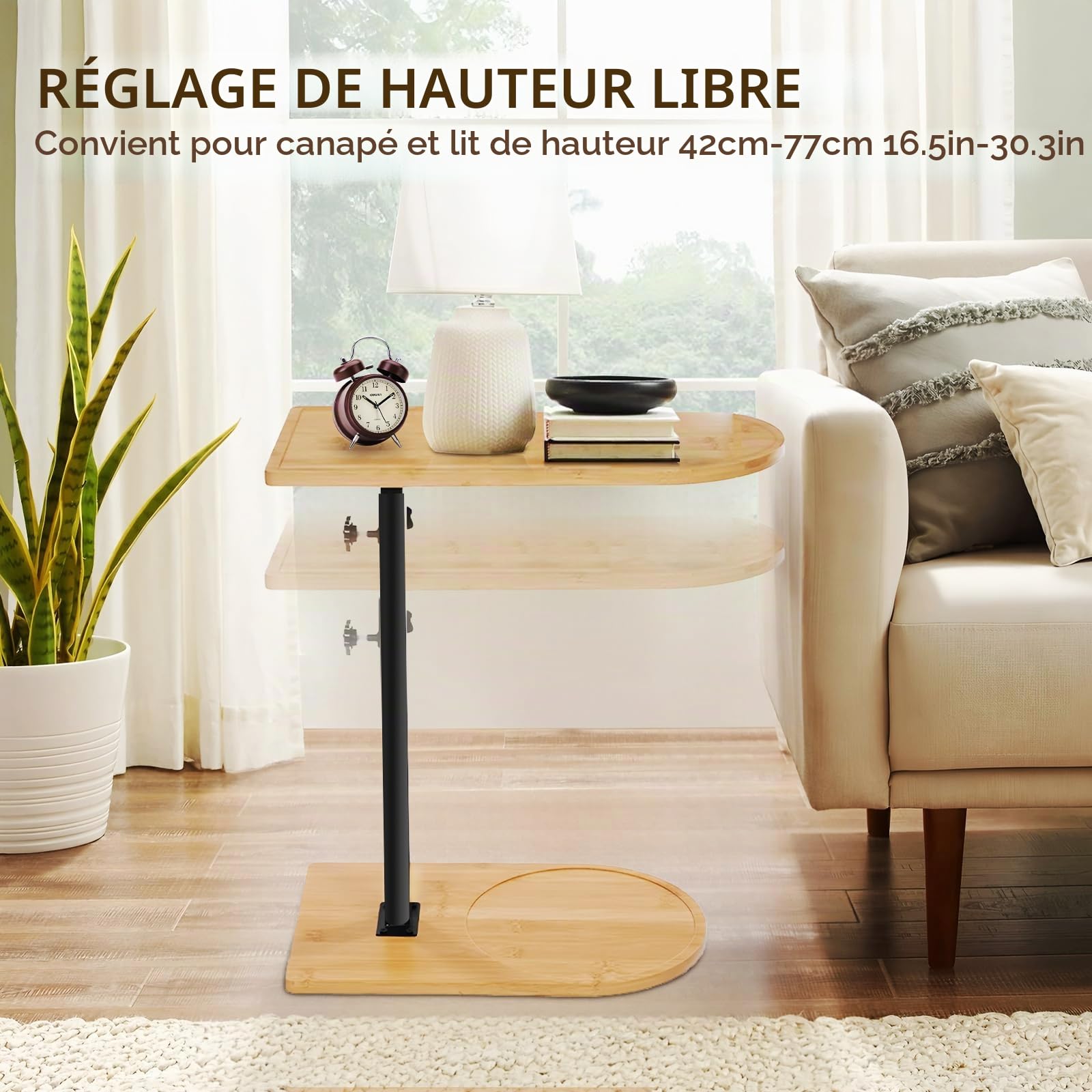 Table d'Appoint en Forme de C Réglable en Hauteur Petite Table Basse Latérale en Bambou et Métal Bout De Canape pour Salon, Salle de Bain, Lit, Canapé et Café (Style 2)