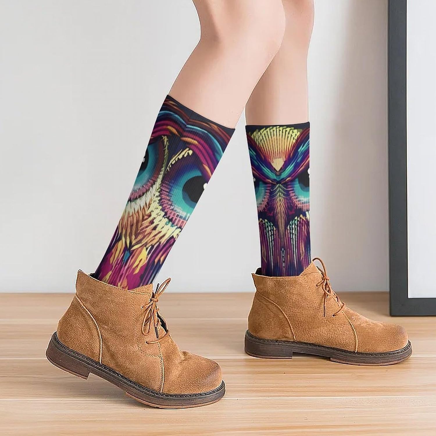 Breathable Crew Sock, Moisture Wicking, Athletic Calf Socks, Cozy | Owl Pattern Compression Socks for Women Men, Lightweight High Work Socks for Business, Casual