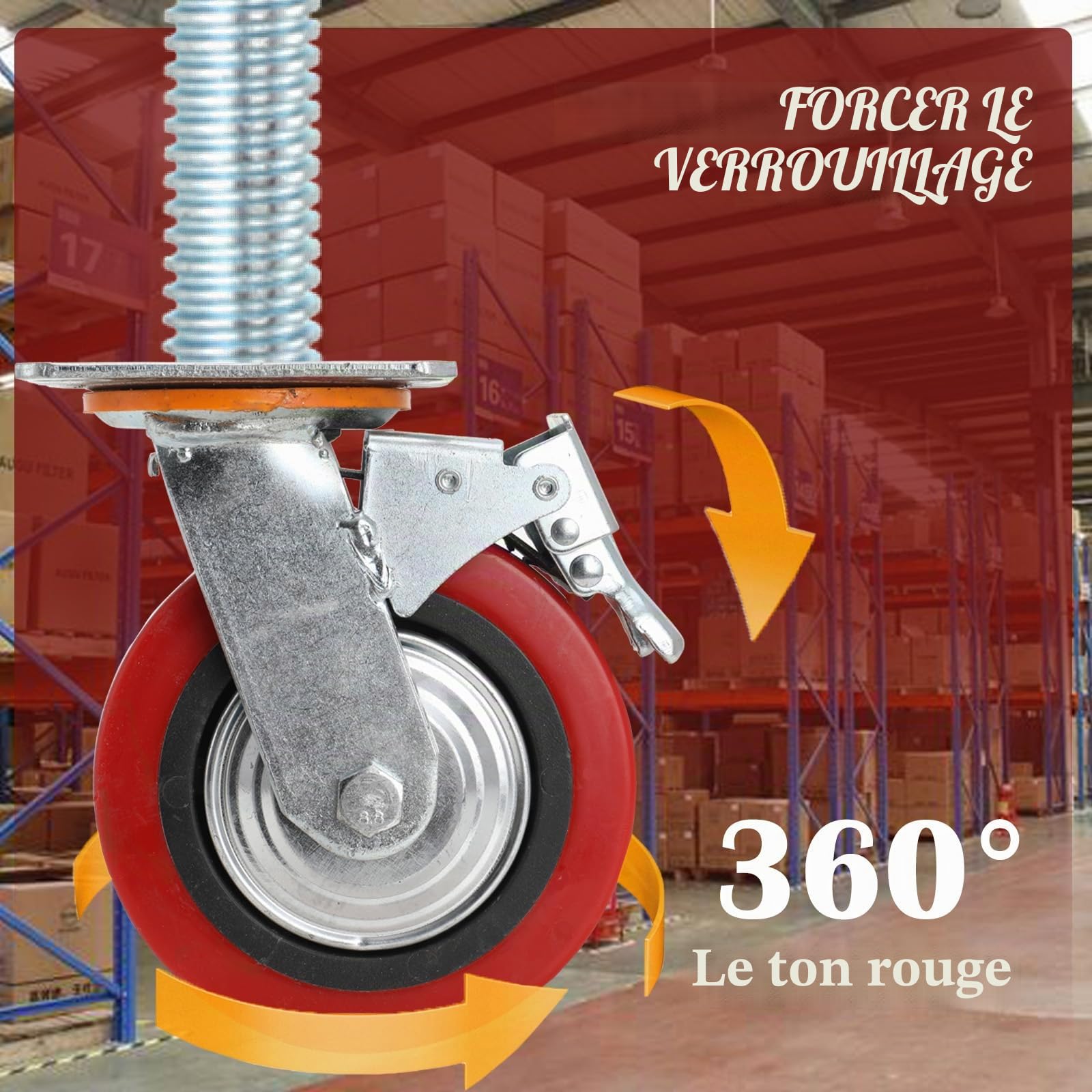 Lot de 4 roulettes pour échafaudage 190 mm avec tige filetée en acier, roulettes pivotantes à frein, position verticale, capacité de charge 750 kg, réglable en hauteur, compatible avec