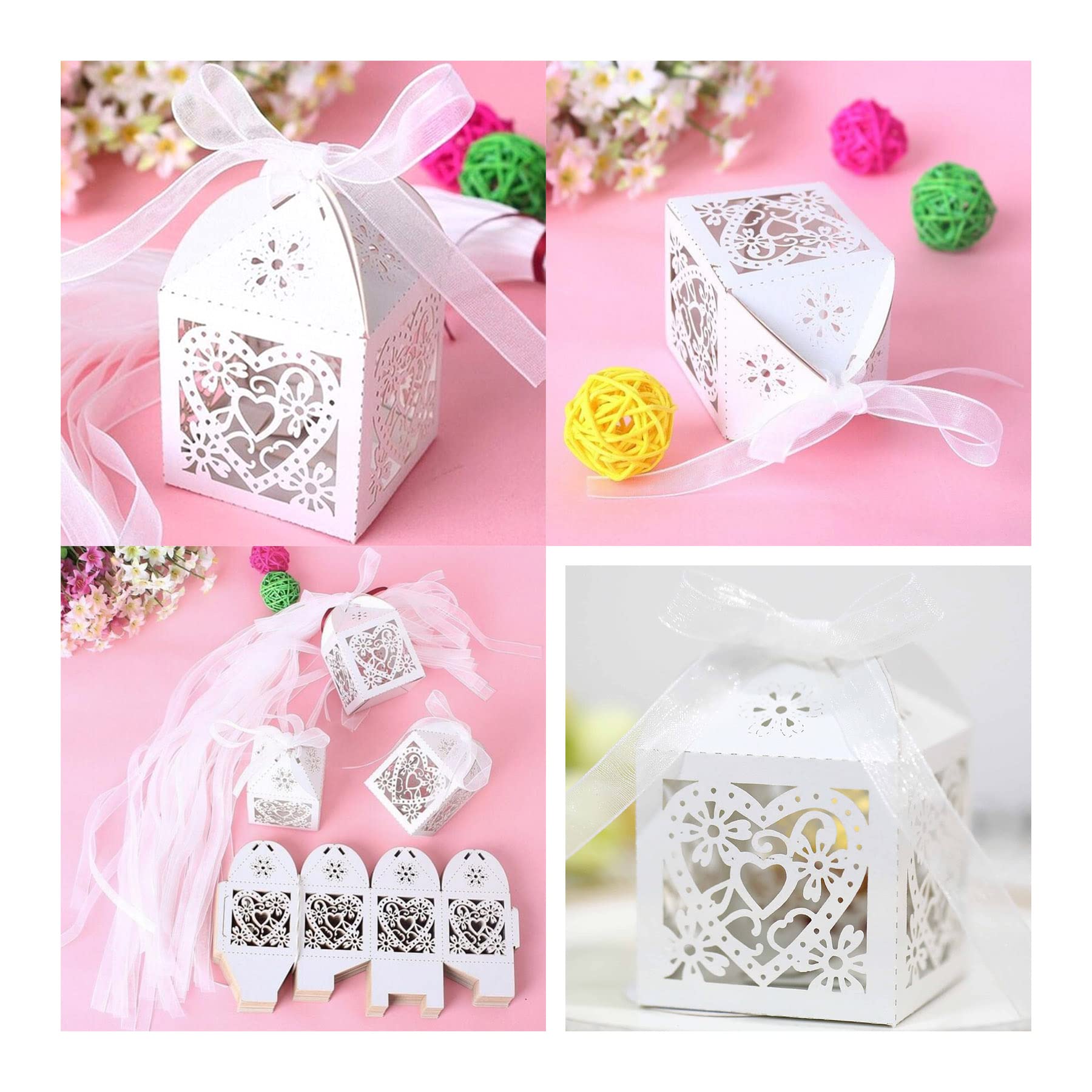 Lot De 30 Boîtes à Dragées Mariage Nacré Blanc Cœur Avec Ruban - Bonbonnières Élégantes
