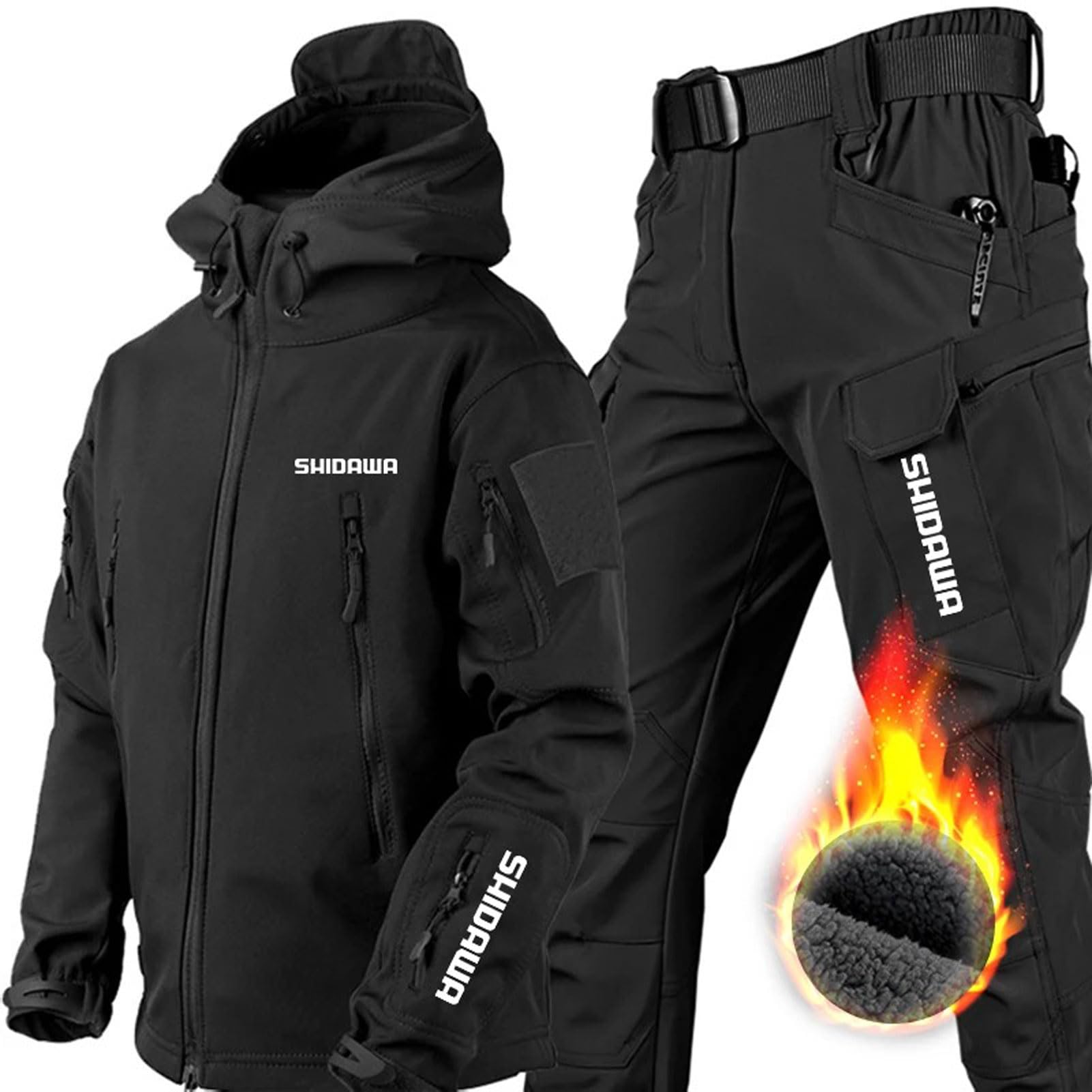Trajes de pesca para hombre, piel de tiburón, forro polar grueso, para montañismo, camping, tácticas, entrenamiento, impermeable, conjunto