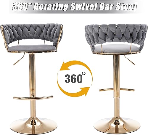 Miniatura 92 de Juego de 2 taburetes de bar de terciopelo giratorios con base de metal dorado, taburetes de bar modernos de altura de mostrador para cocina, pub,