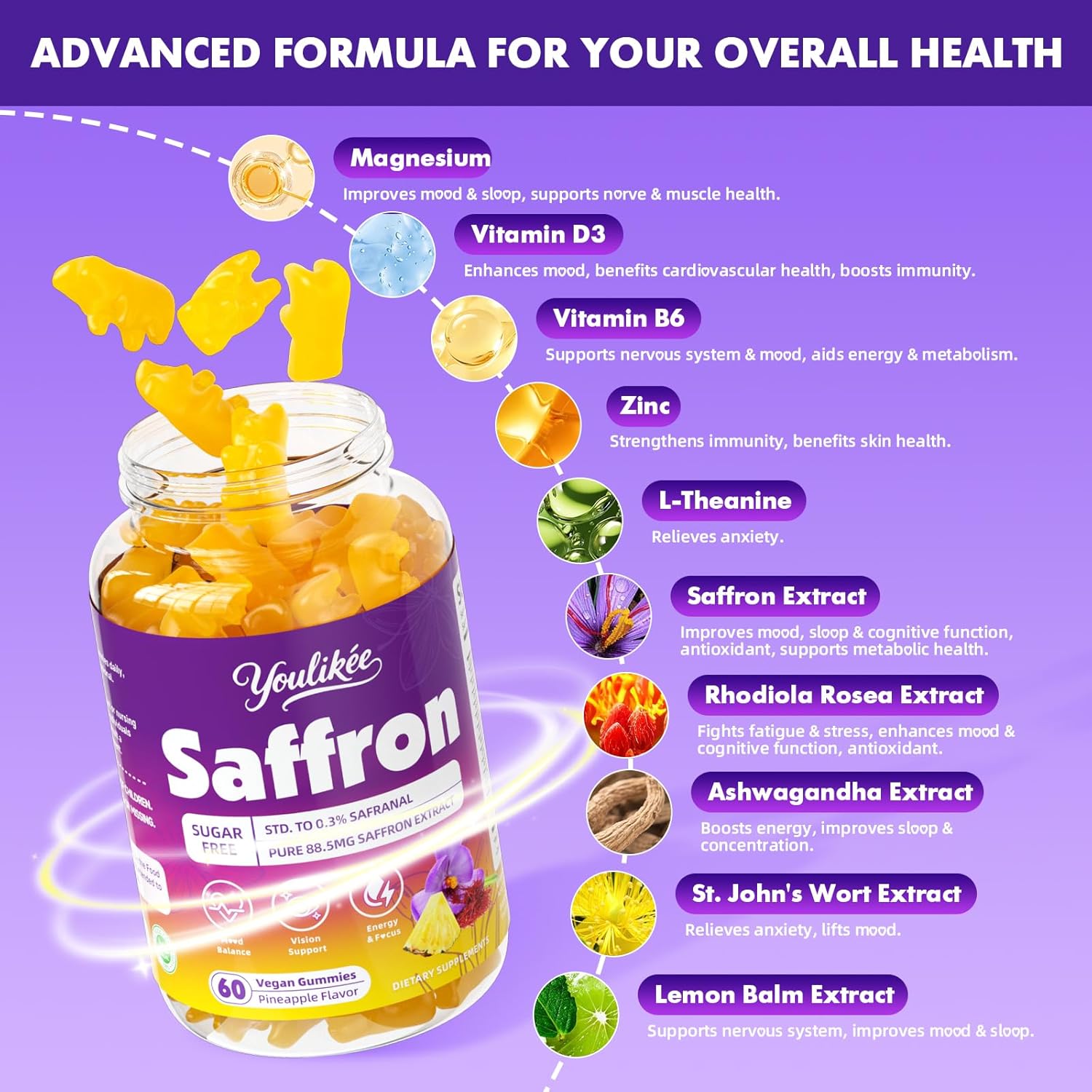 Saffron Gummies 88.5mg - Saffron Supplements with Magnesium, Rhodiola Rosea, Ashwagandha, L-Theanine, St. John's Wort, Vitamins D3 & B6, Zinc - Supports Zzz, Focus, Pineapple Flavor, 60 Count - Image 4