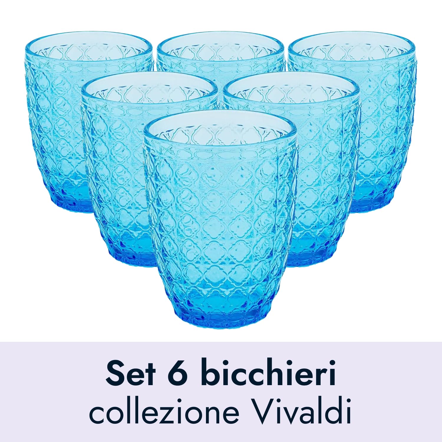 Evviva Bicchieri Acqua Vetro, Set da 6, Bicchieri in Vetro Colorati, Moderni, Particolari, Capacità 350 ml, Lavabili in Lavastoviglie. Colore: Azzurro