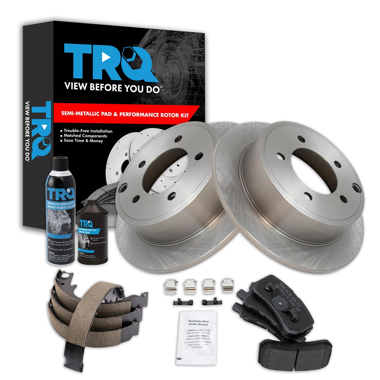 TRQ Rear Brake Pad &amp; Rotor Kit, with Chemical Kit Parking Brake Shoe Set Semi-Metallic Compatible with 2009-2014 Mitsubishi Lancer