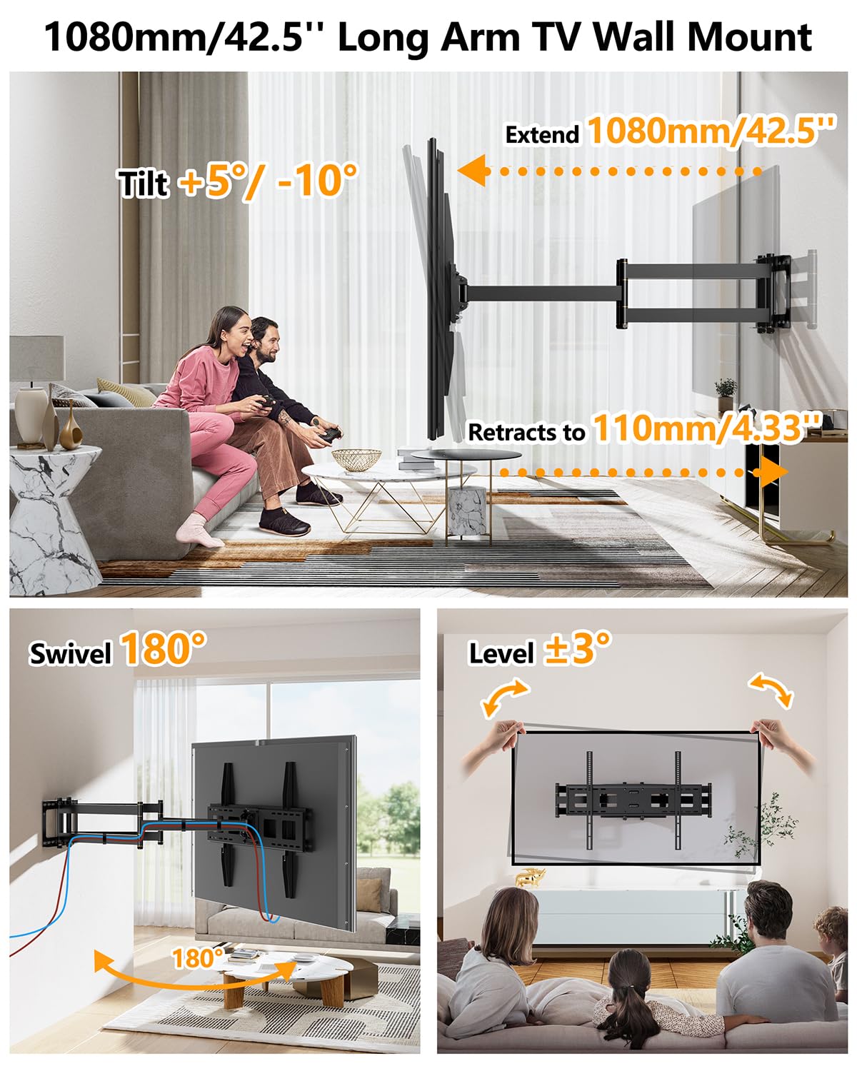 Soporte TV Pared con Brazo Articulado Extralargo de 1080 mm para Planas y Curvas de 50-100 Pulgadas, Soporte Pared TV de Giratorio Inclinable y Extensible, hasta 75 kg, VESA Máx 800x600 mm
