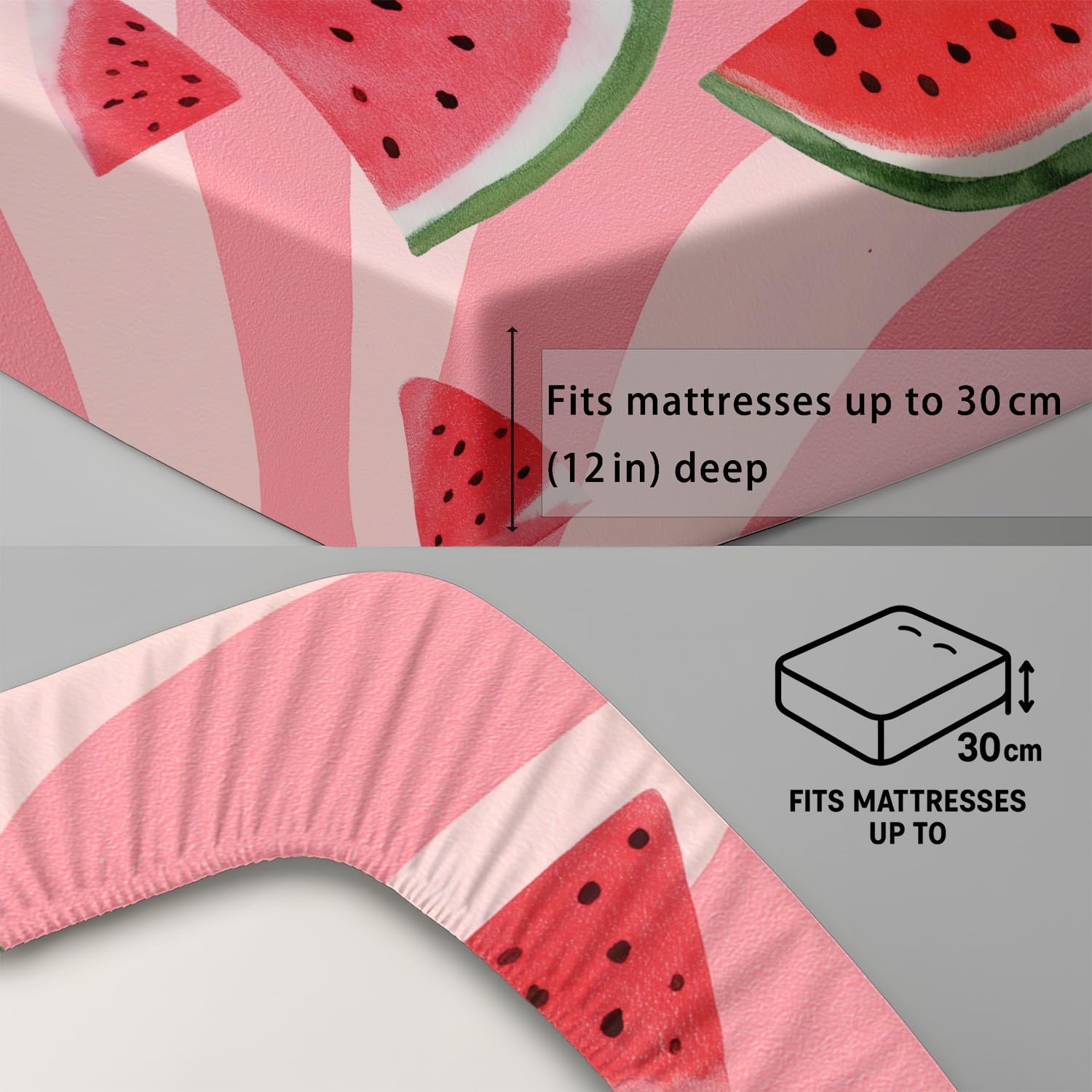 Wassermelonen-Dreiecke, Frische Scheiben Spannbettlaken 160 x 200 cm - Bettlaken Pflegeleicht, Knackiger Sommer, Lebendig Verspielt, Bettwäsche-Set, 3-teiliges Kinderzimmer, Schlafzimmer