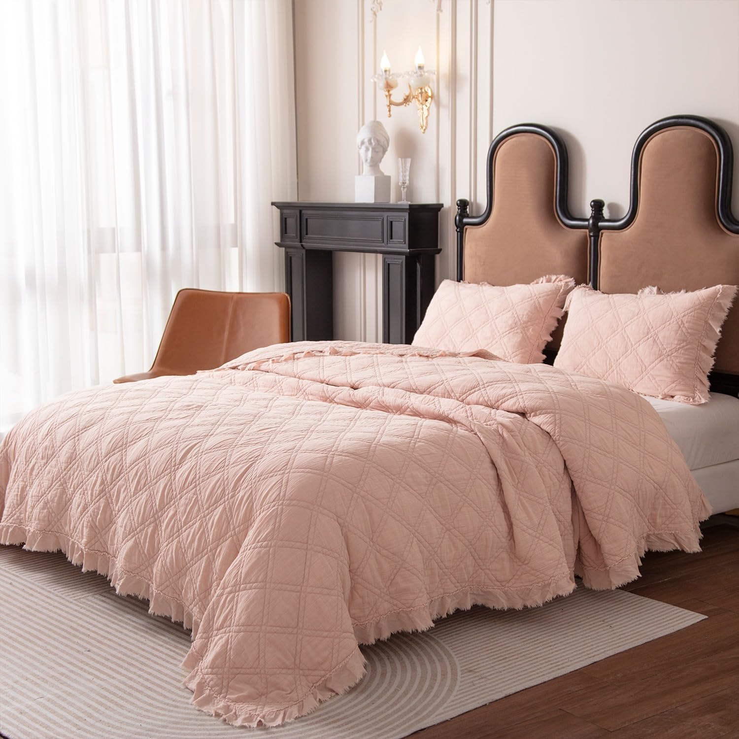 BOV Queen Quilt Set with 2 Pillow Shams, Stonewashed Fringed Edges Cotton Quilt Queen Bedspreads Full Size Bedding Sets, Quilted Cotton Coverlet Full Size Comforter Set All Season, Light Pink 96"X92"